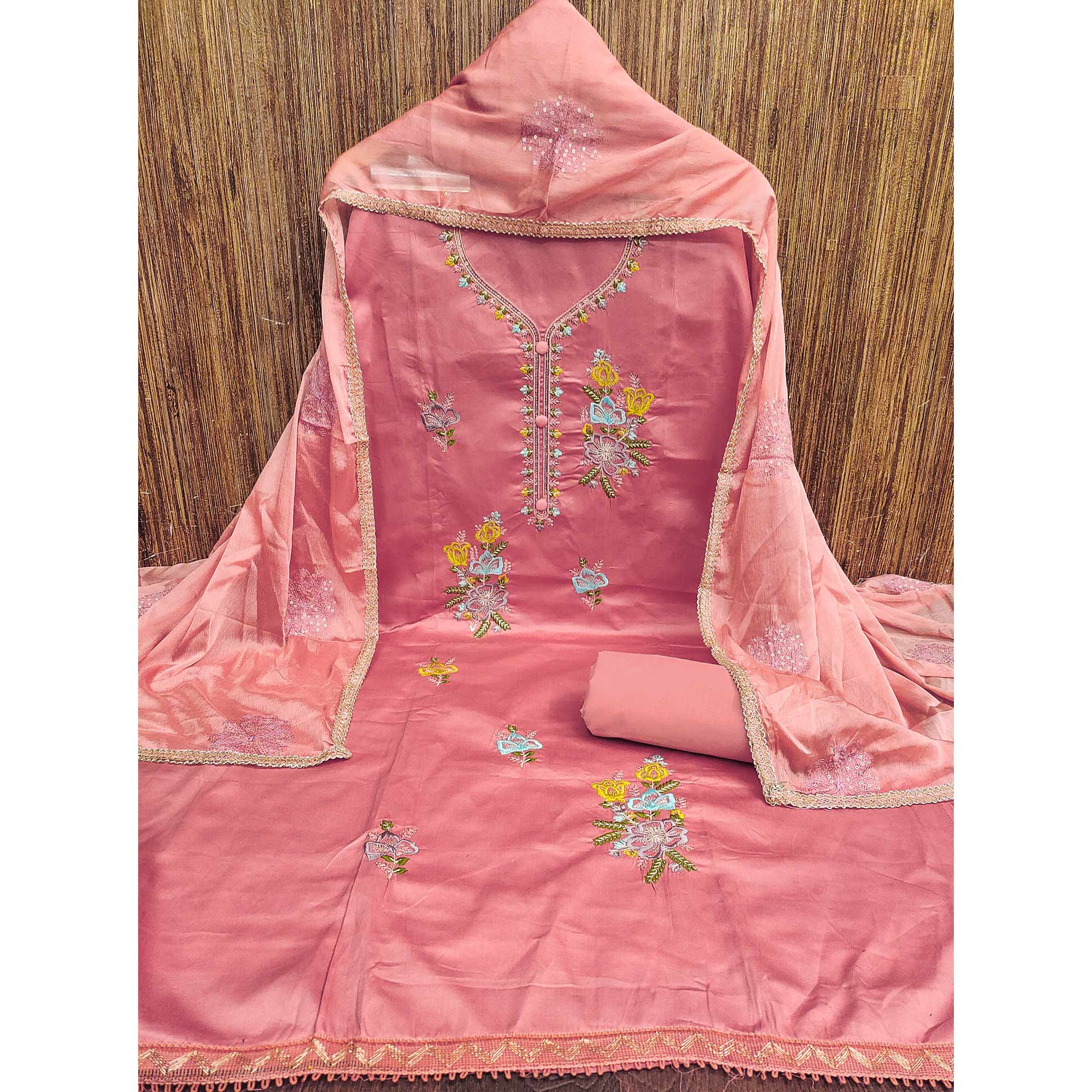 Breathable Pure Cotton Dress Material in Peach with Floral Designs