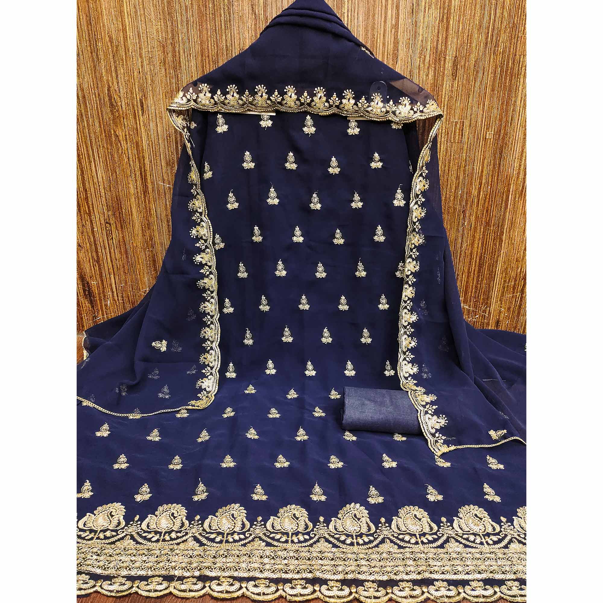 Blue Georgette Dress Material with Sparkling Sequin Embroidery