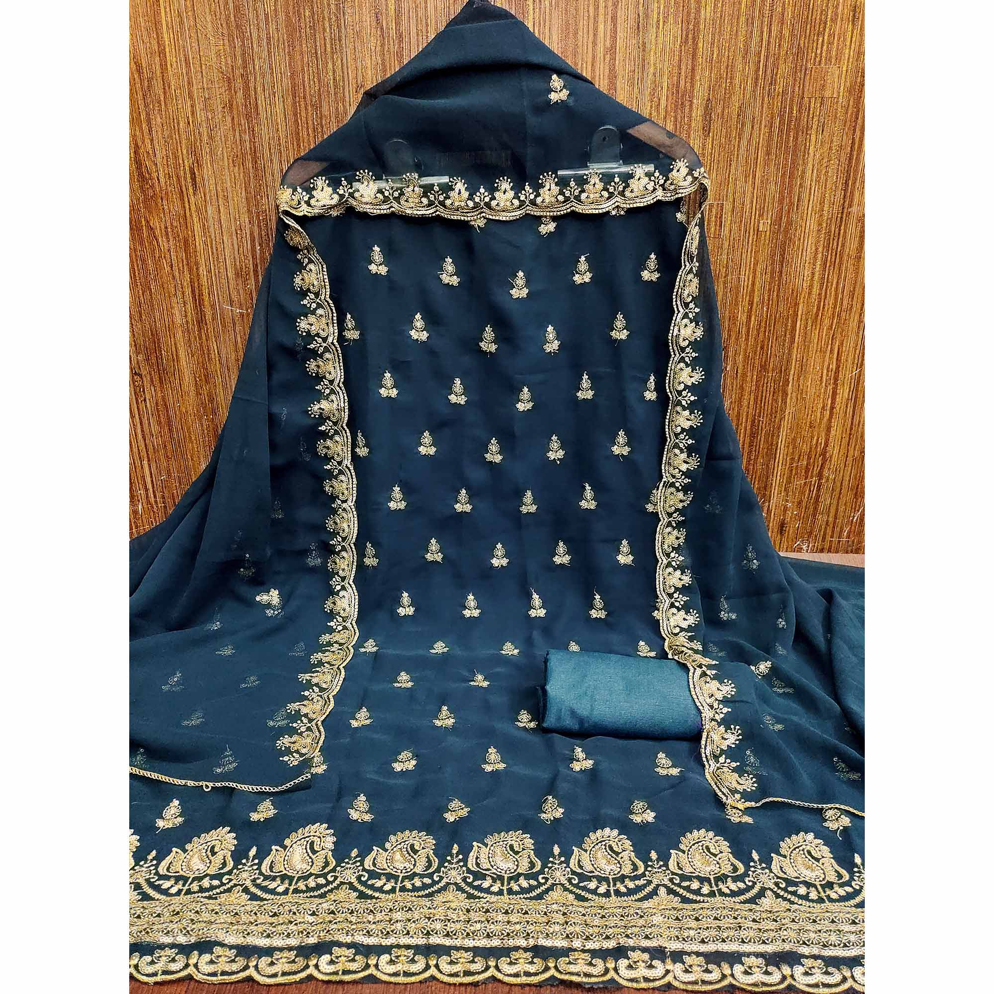 Dark Teal Georgette Dress Material with Sparkling Sequin Embroidery