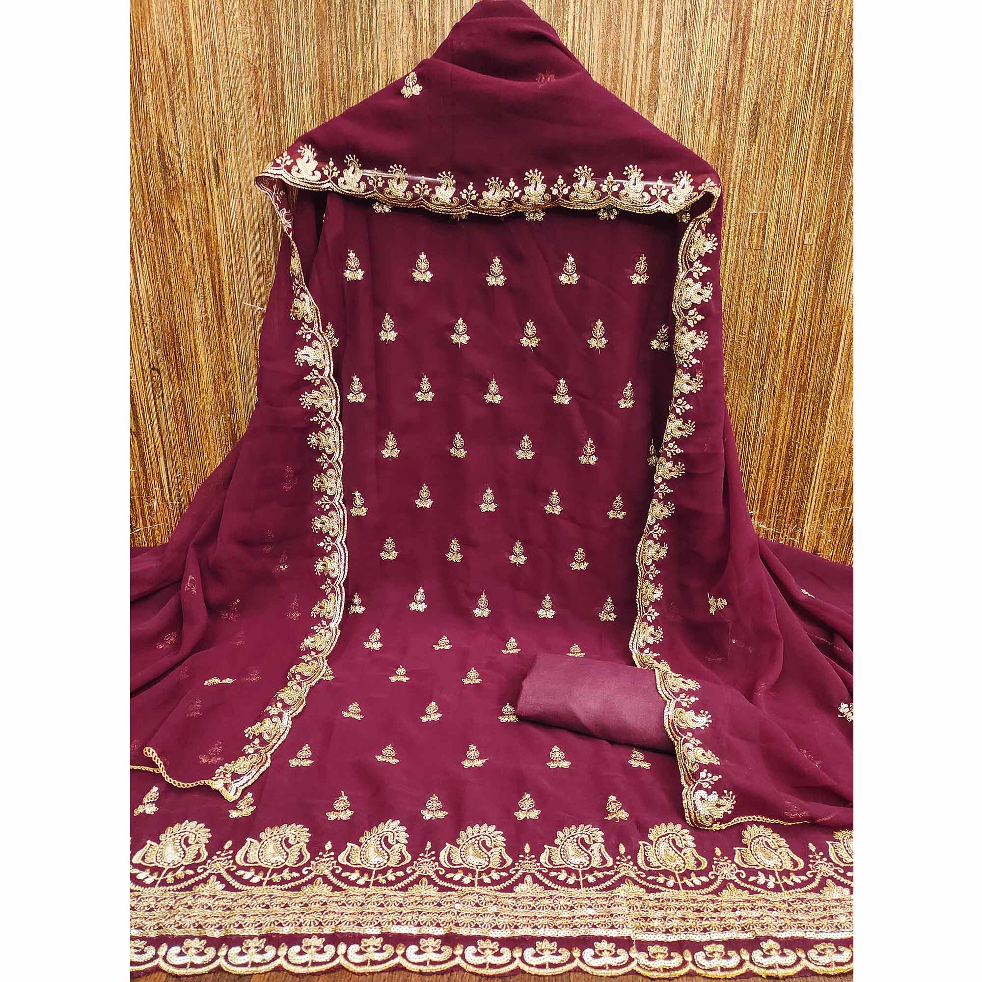Maroon Georgette Dress Material with Sparkling Sequin Embroidery