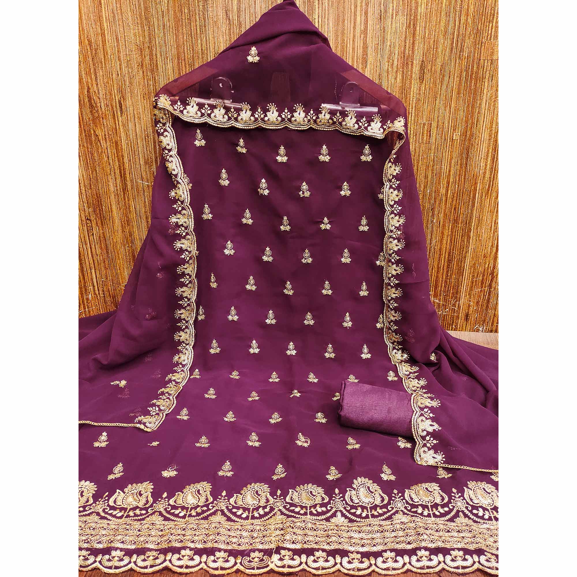Plum Purple Georgette Dress Material with Sparkling Sequin Embroidery