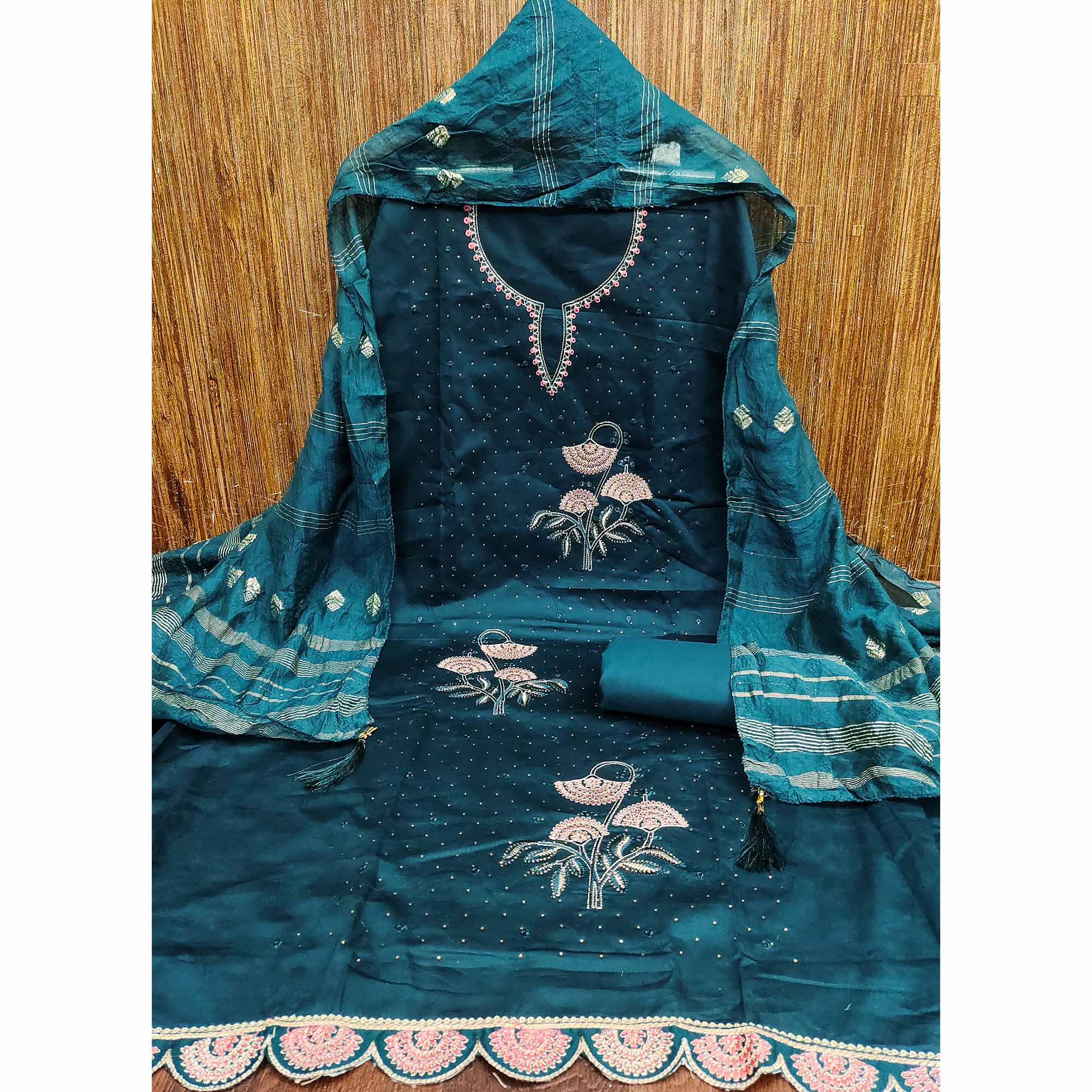 Teal Dress Material in Cotton Blend with Delicate Embroidery Work