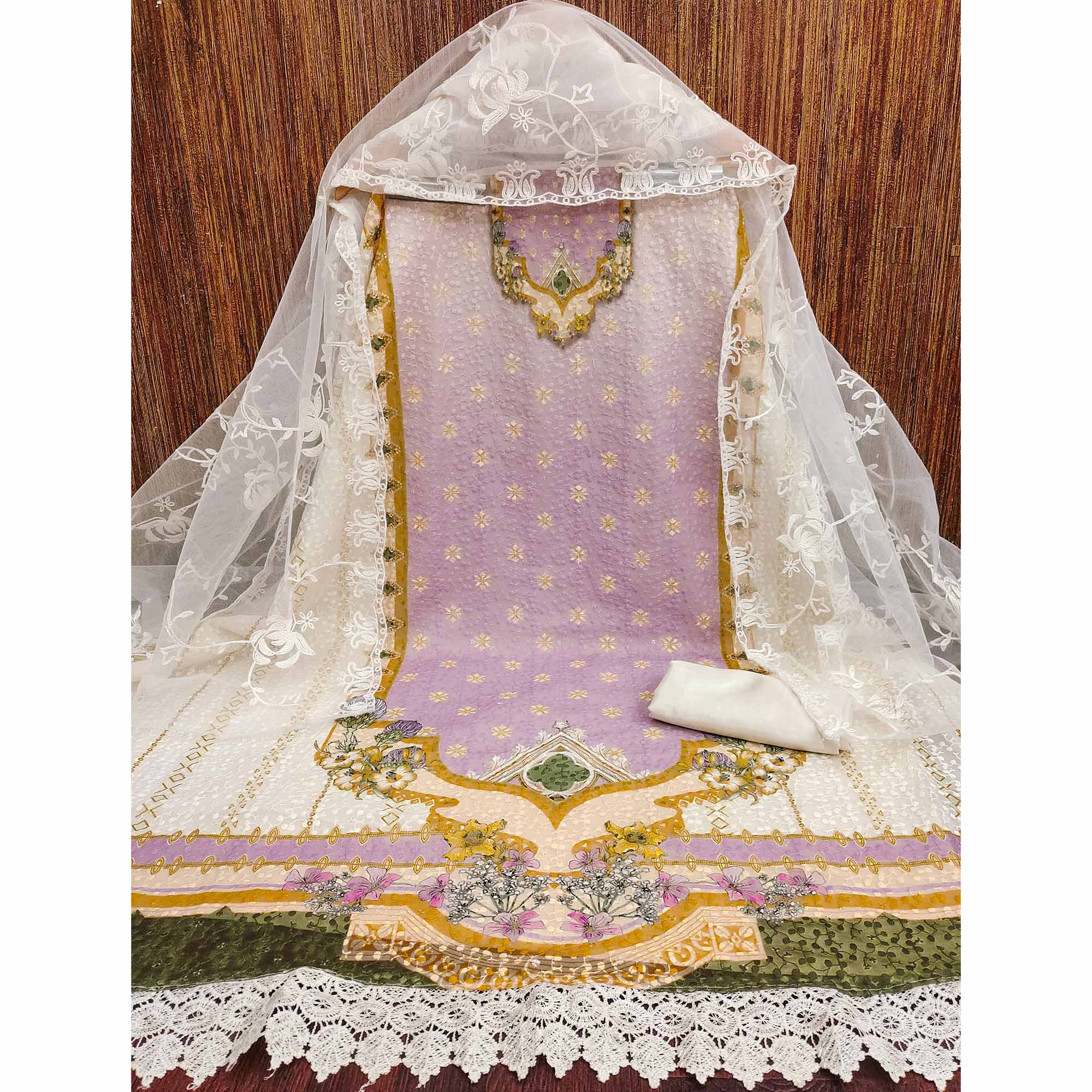 Cream & Lavender Georgette Suit Fabric Adorned with Elegant and Delicate Schiffli Embroidery