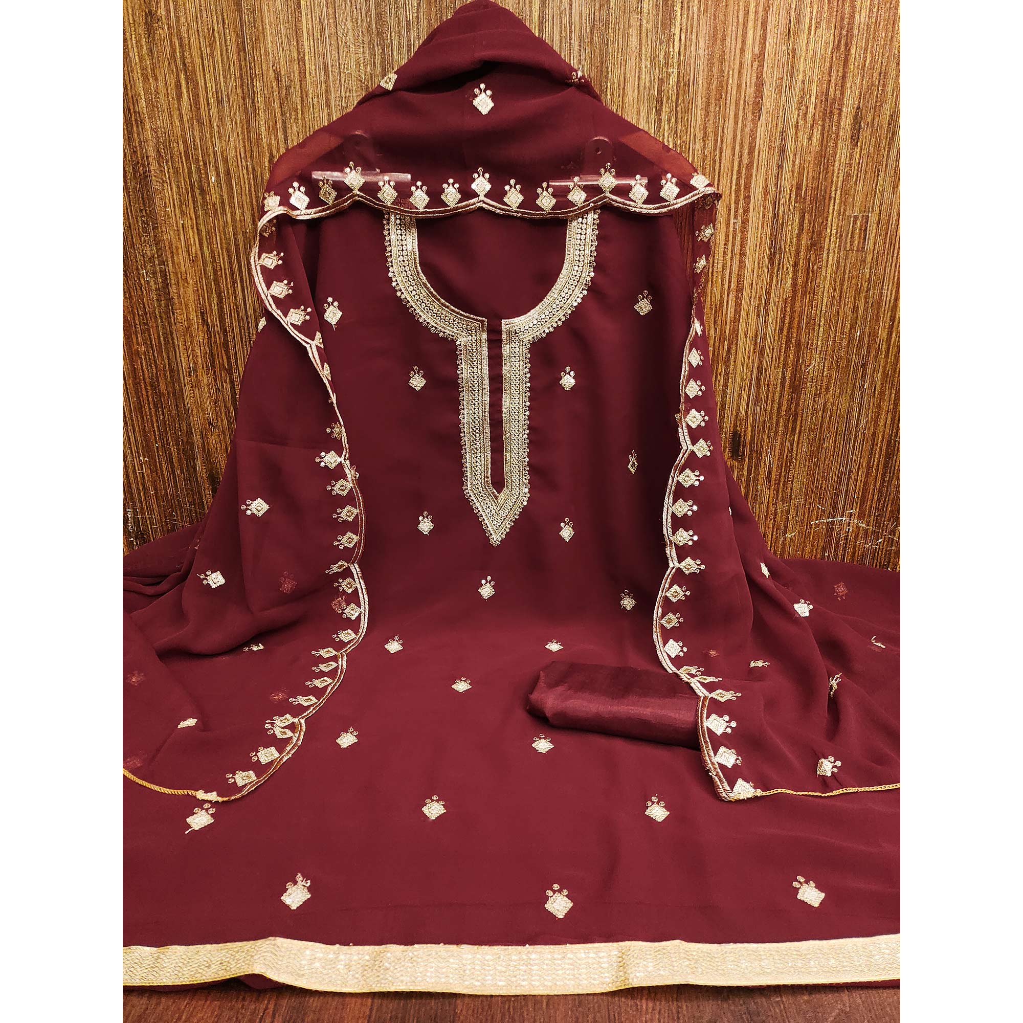 Rich Maroon Georgette Dress Material With Dazzling Sequins Embroidery