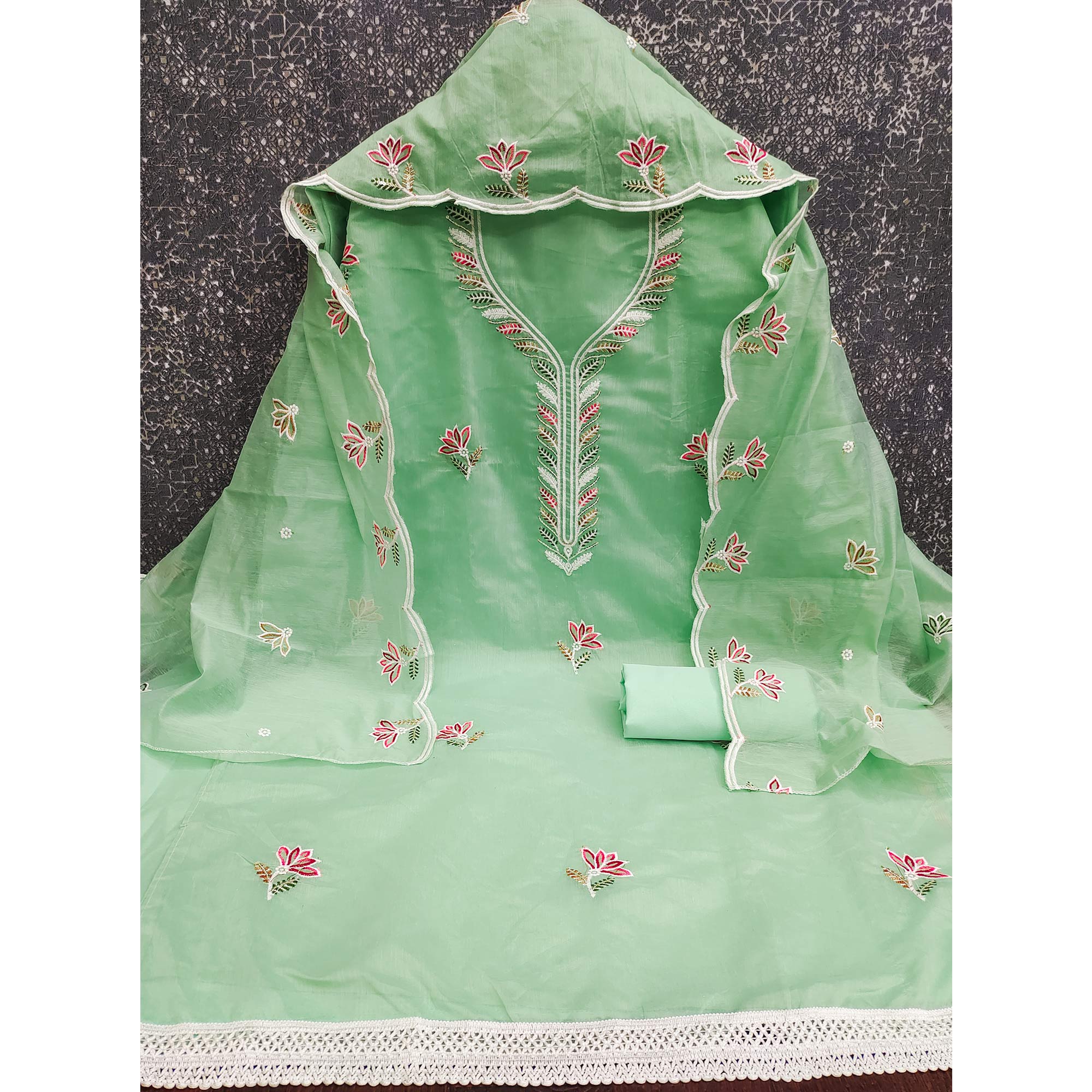 Rich Mint Green Chanderi Cotton Dress Material With Exquisite Floral Thread Embroidery & Sequins