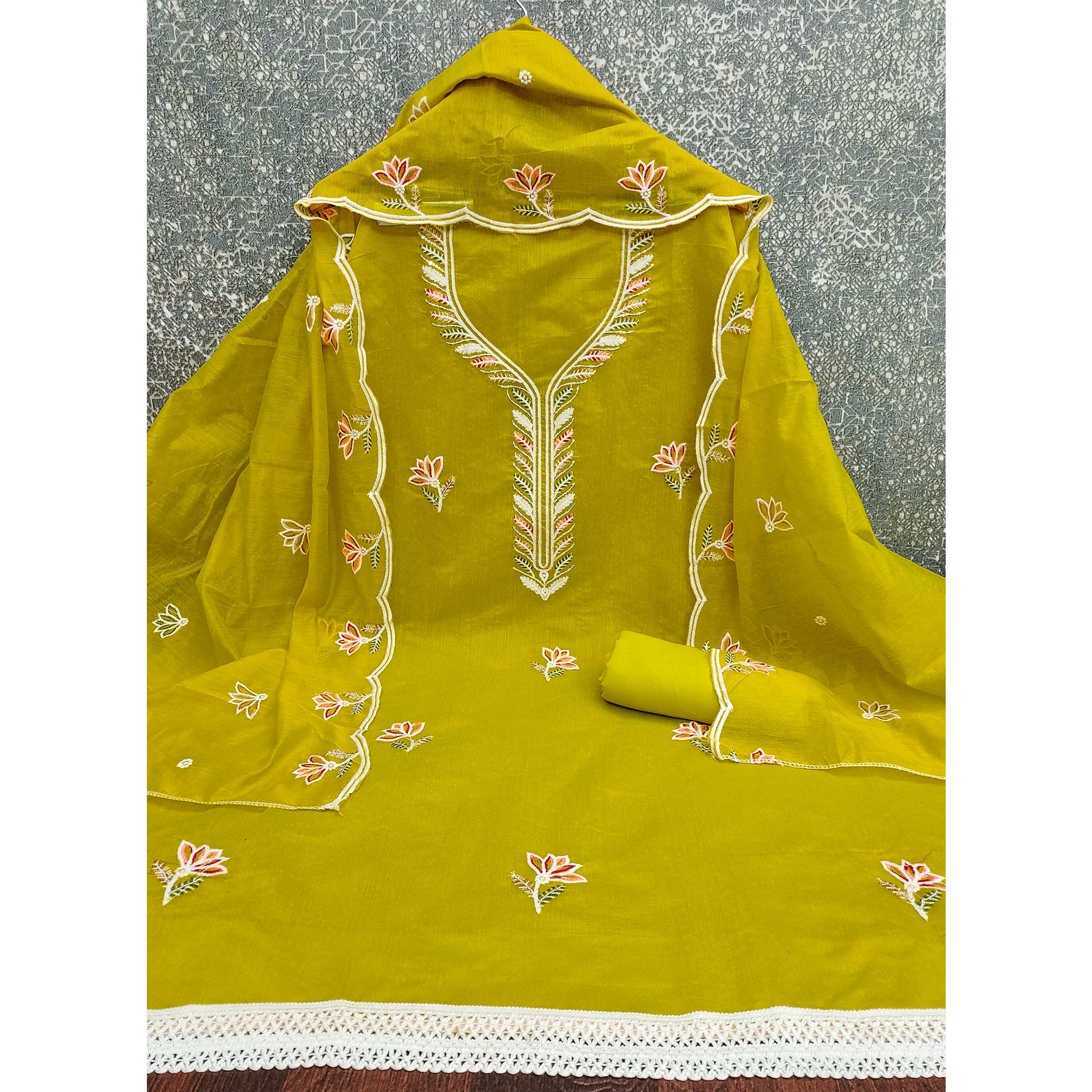 Elegant Olive Chanderi Cotton Dress Material With Floral Thread Embroidery & Sequins Work