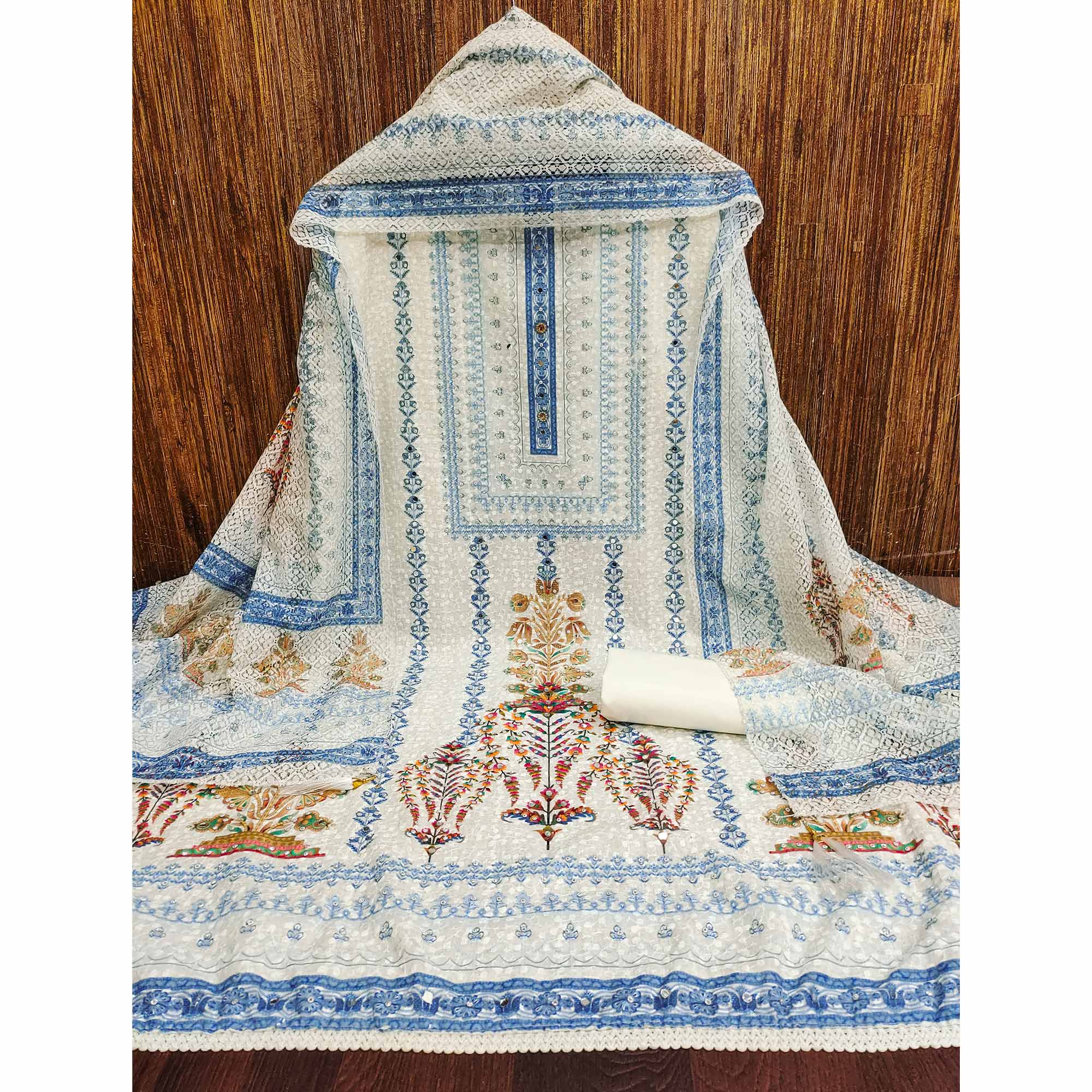 Off-White and Blue Unstitched Suit Material with Classic Schiffli Detailing
