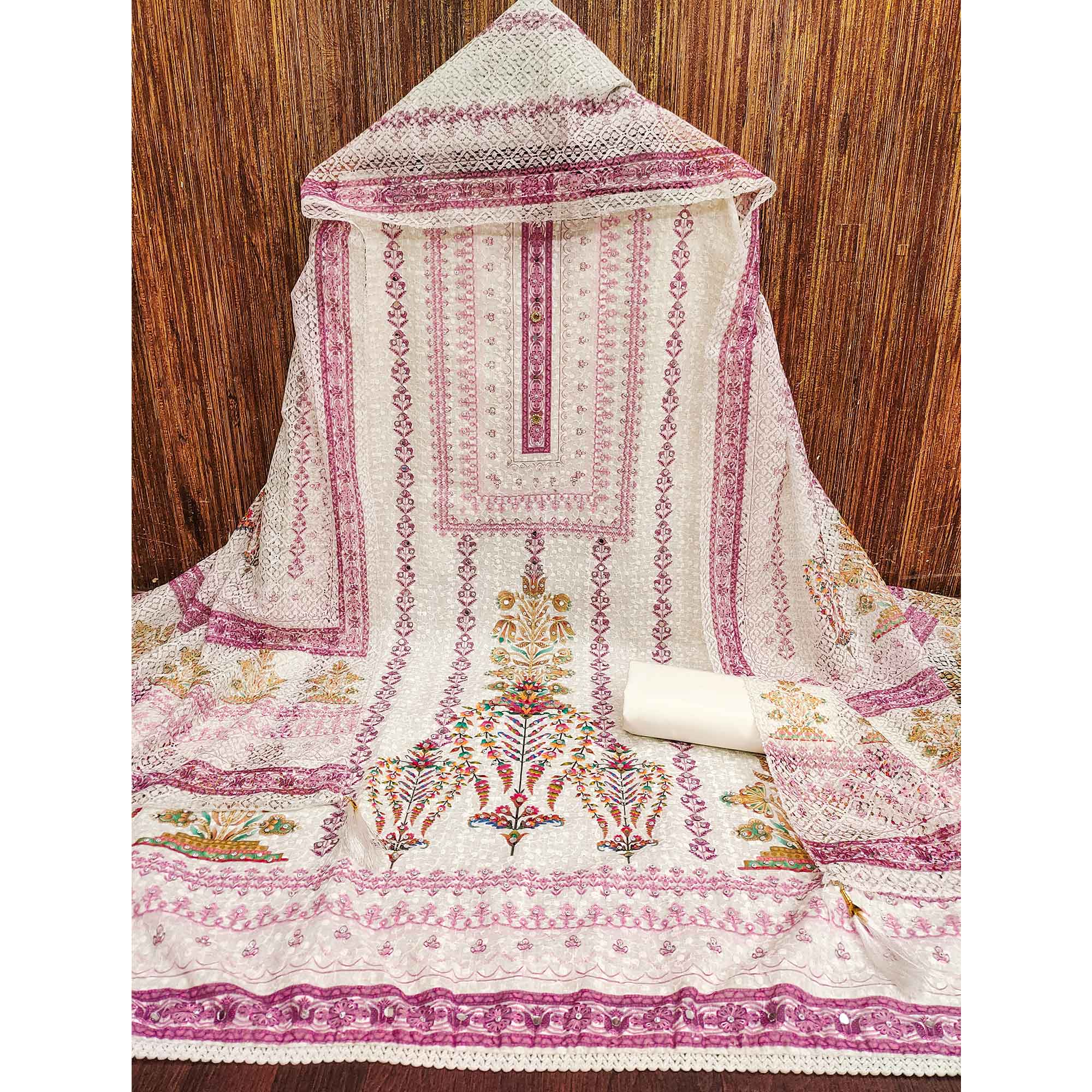 Off-White and Pink Unstitched Suit Material with Classic Schiffli Detailing