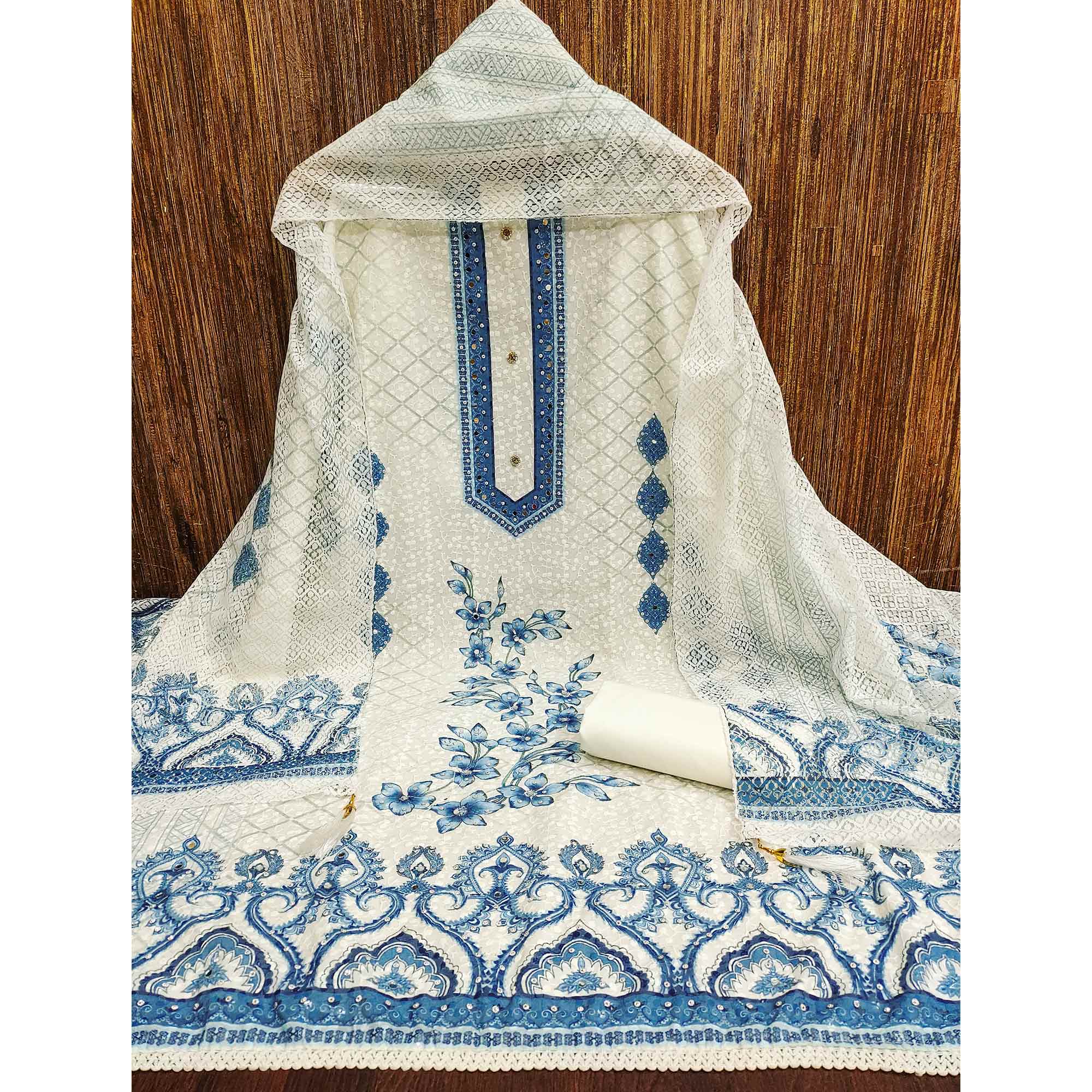 Off-White and Blue Unstitched Suit Material with Classic Schiffli Detailing