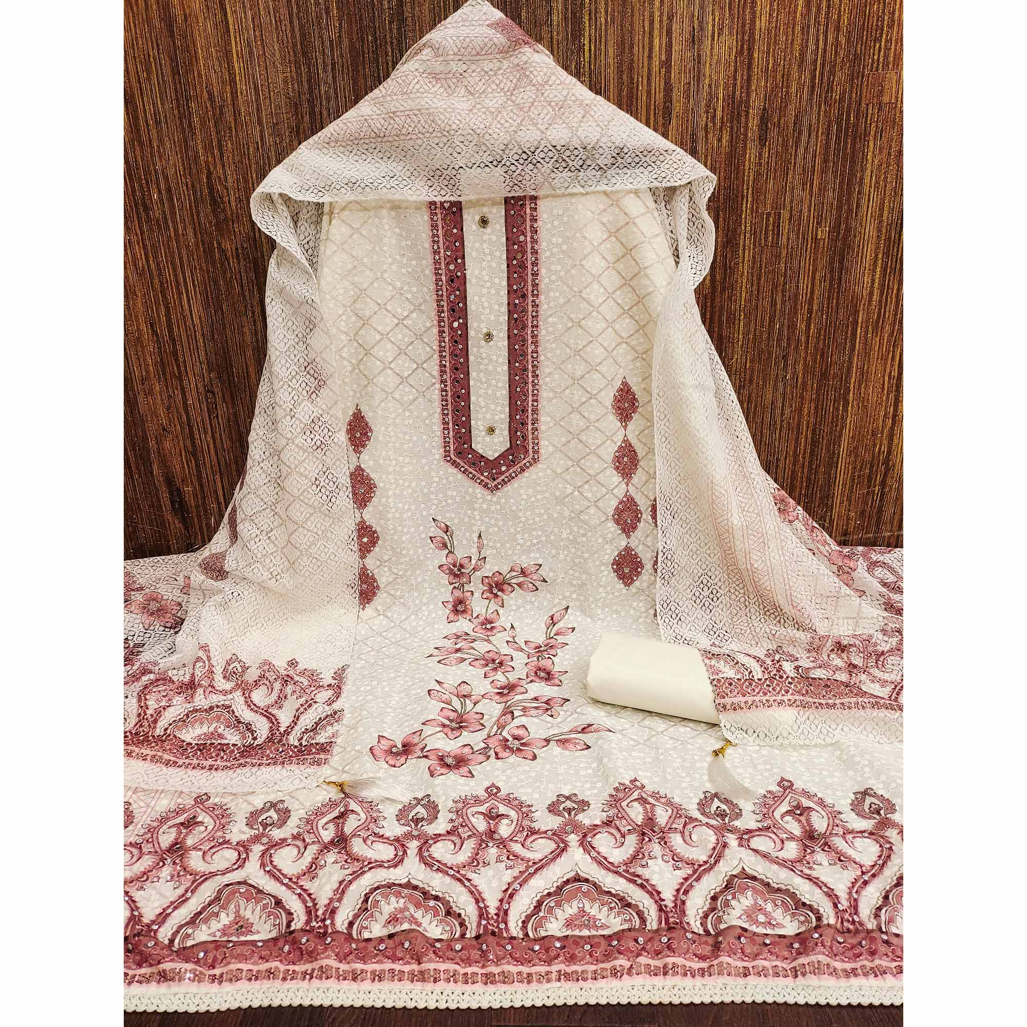 Off-White and Maroon Unstitched Suit Material with Classic Schiffli Detailing