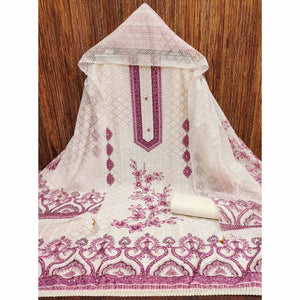 Off-White and Pink Unstitched Suit Material with Classic Schiffli Detailing