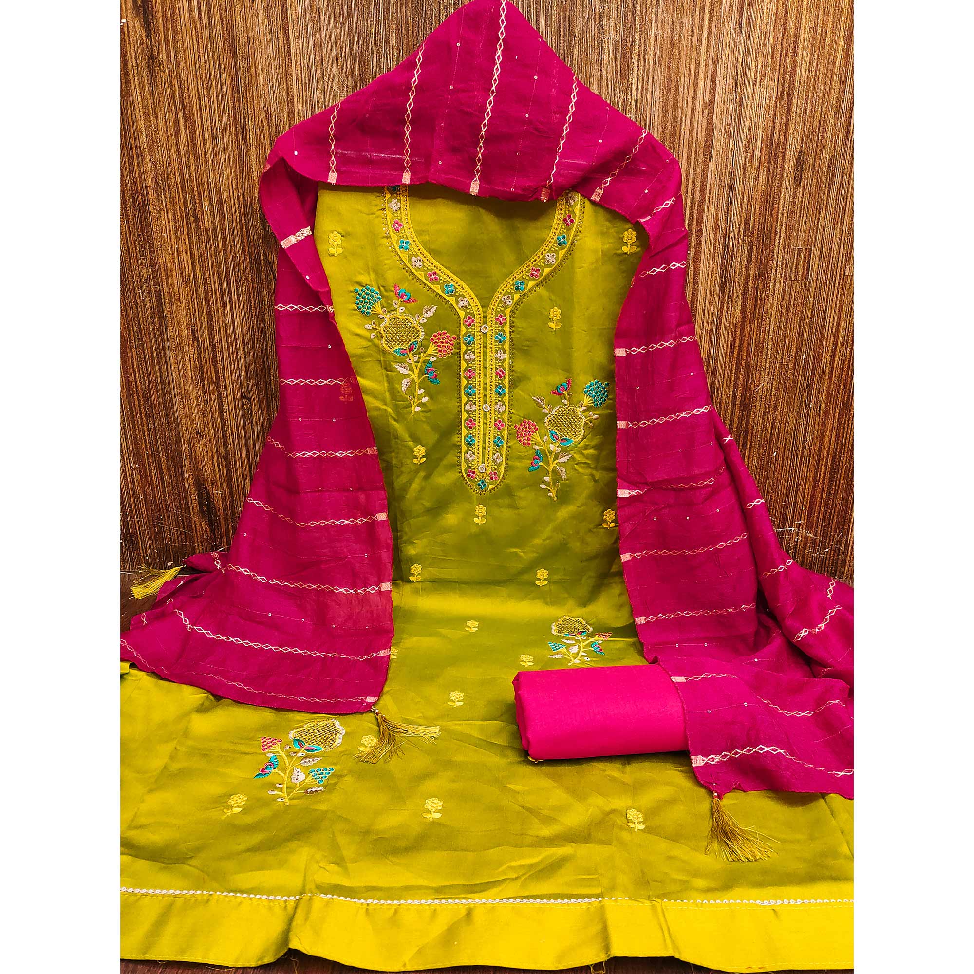 Elegant Mustard Floral Embroidered Cotton Dress Fabric for Custom Stitching