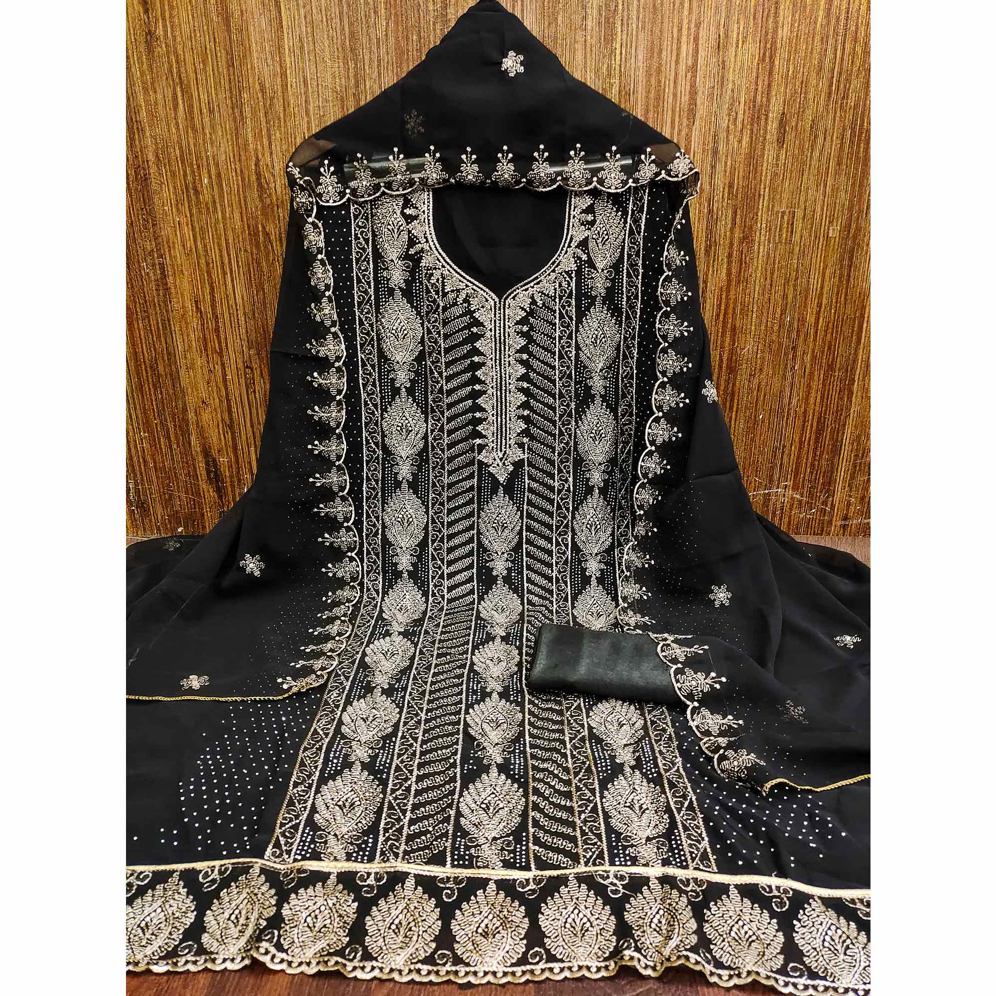 Heavy Thread Embroidered Black Georgette Unstitched Suit Material