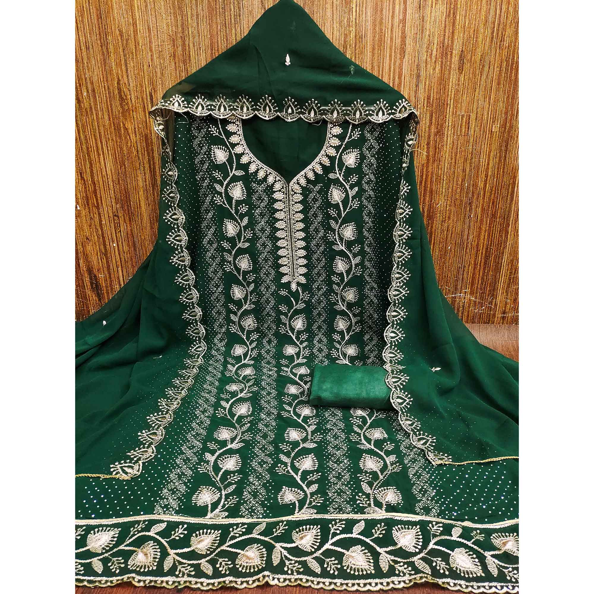 Green Unstitched Georgette Suit Material Accented with Beautiful Thread Embroidery
