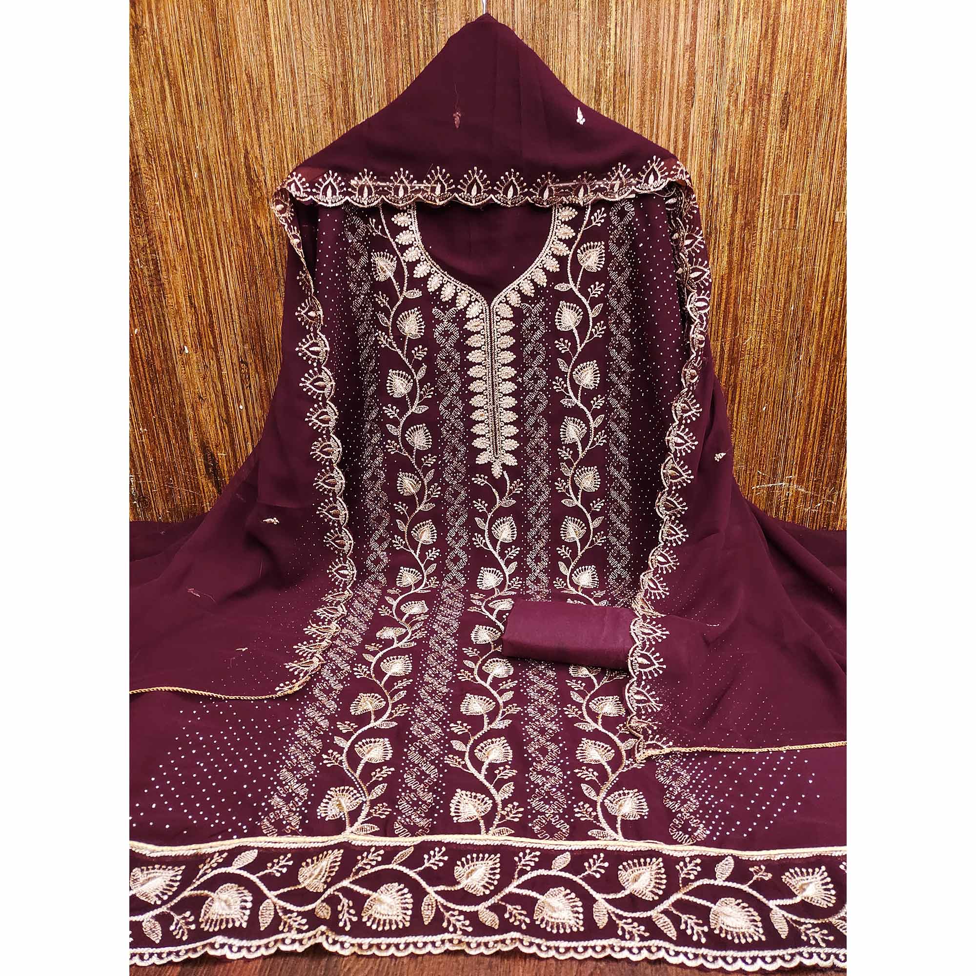 Wine Unstitched Georgette Suit Material Accented with Beautiful Thread Embroidery