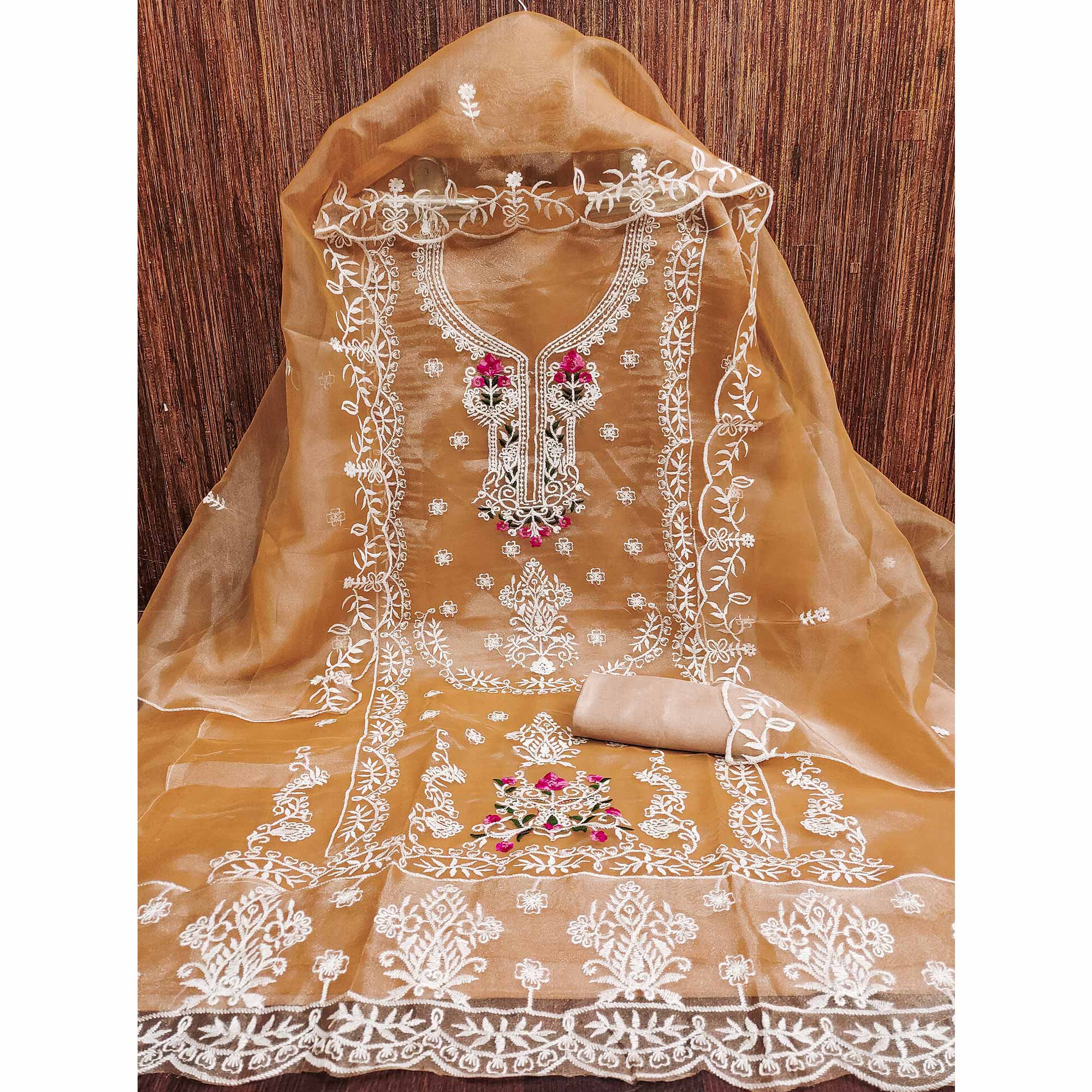 Lightweight Beige Organza Unstitched Suit Material with Intricate Floral Work