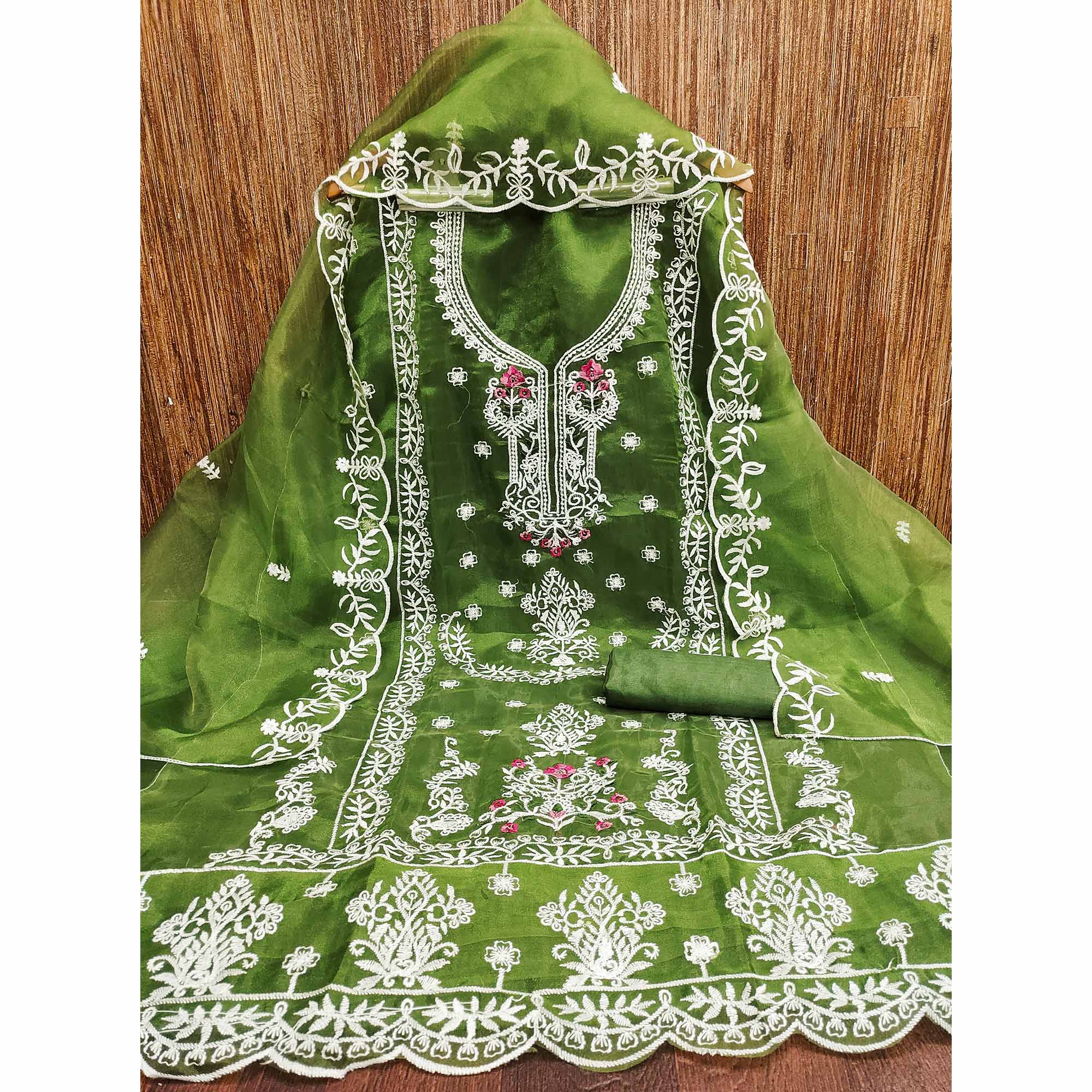 Lightweight Green Organza Unstitched Suit Material with Intricate Floral Work
