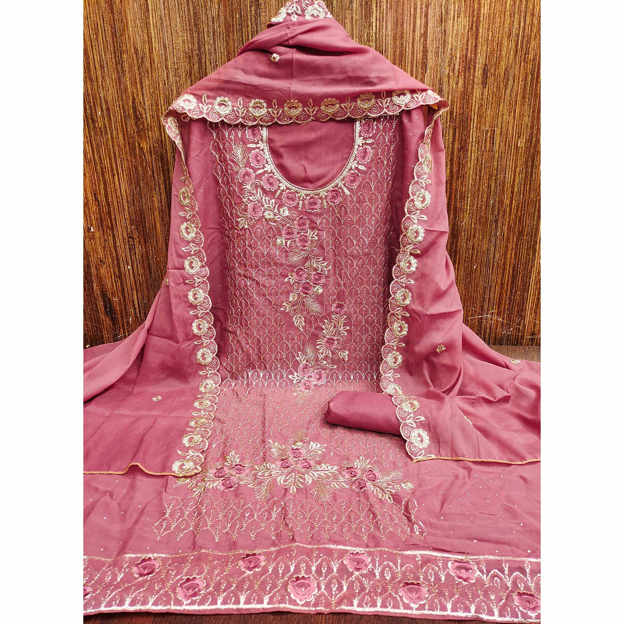 Designer Dusty Pink Floral Work Embroidered Georgette Unstitched Dress Material