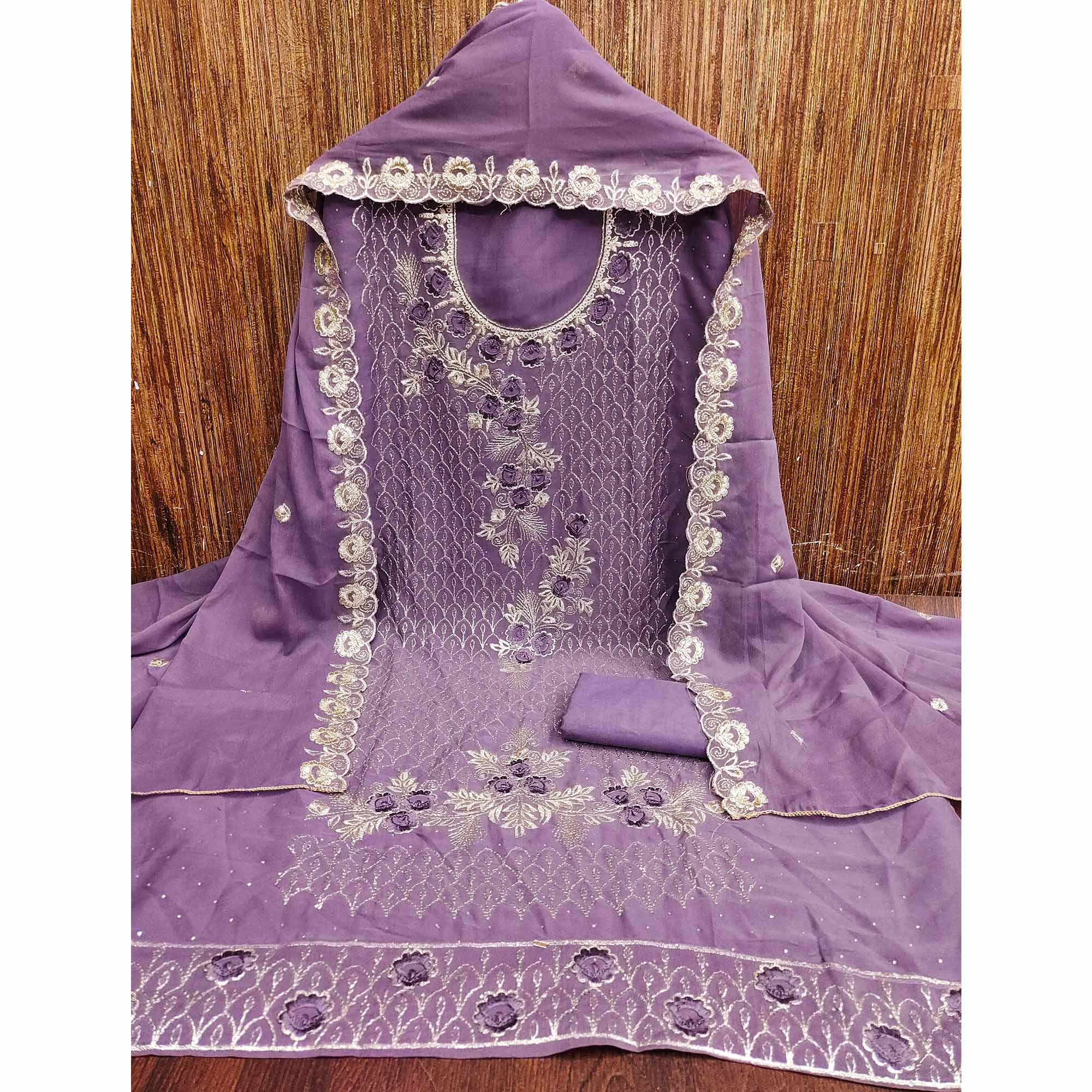 Designer Lavender Floral Work Embroidered Georgette Unstitched Dress Material
