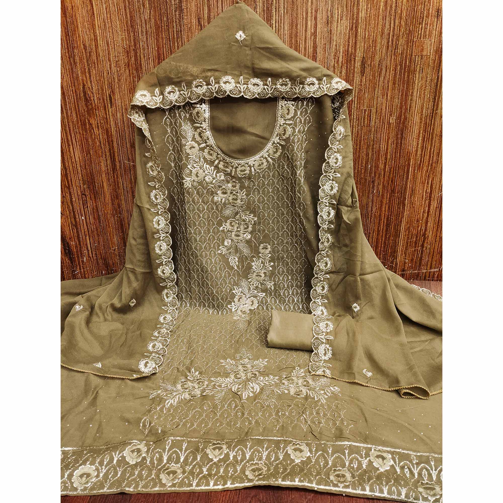 Designer Olive Floral Work Embroidered Georgette Unstitched Dress Material