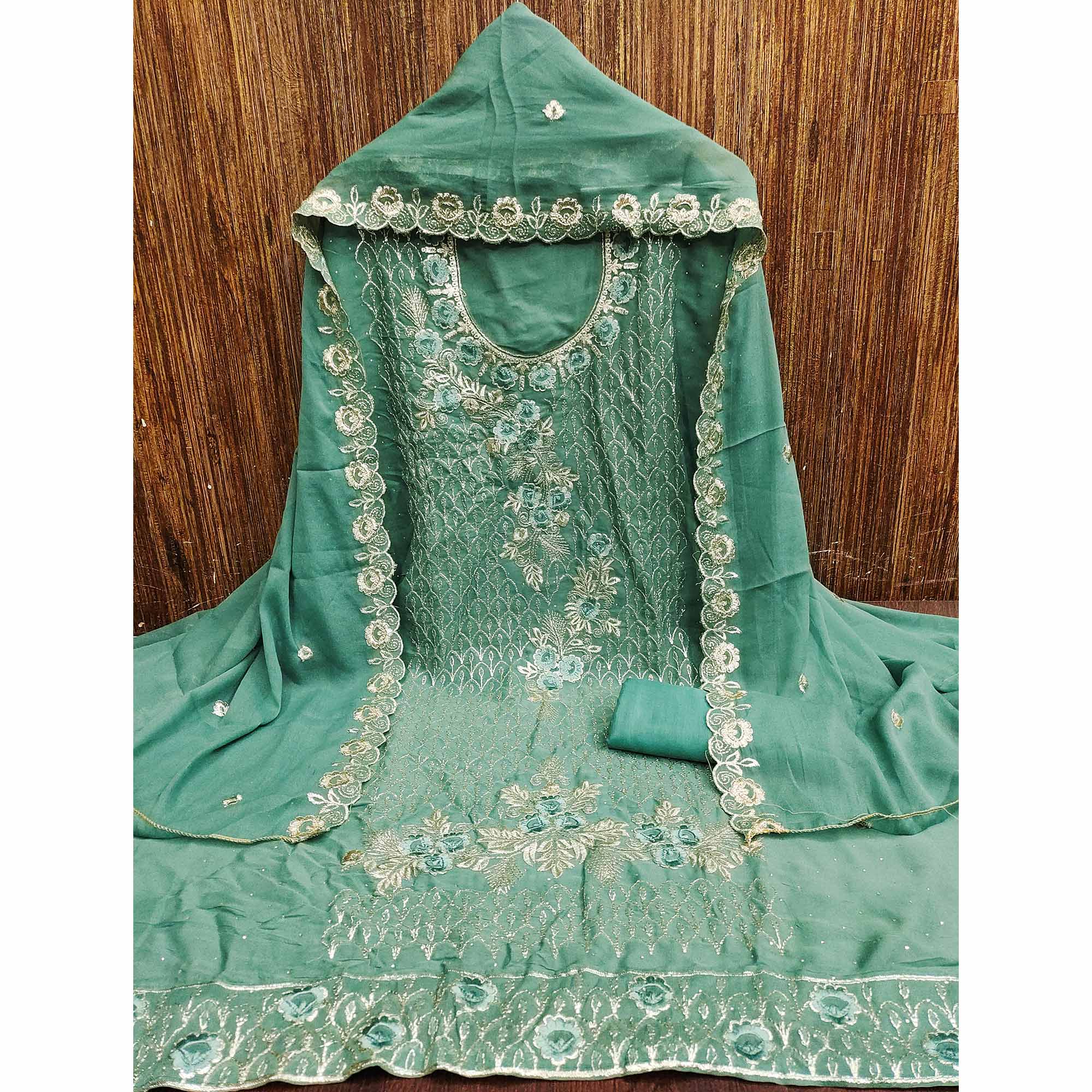 Designer Sea Green Floral Work Embroidered Georgette Unstitched Dress Material