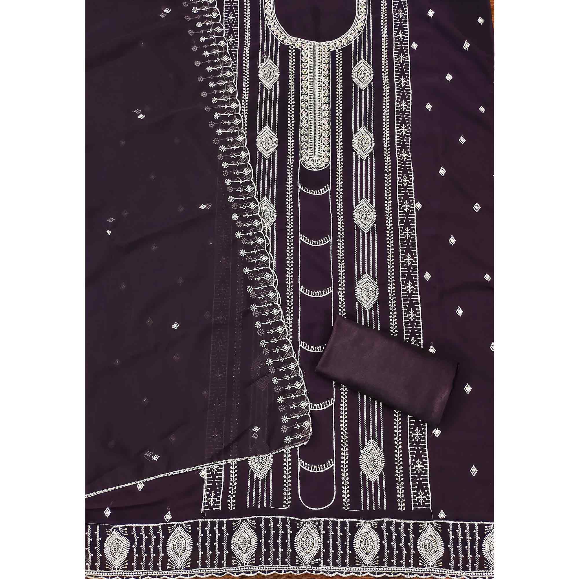 Purple Star Georgette Suit Fabric Highlighted with Fine Thread Embroidery Work