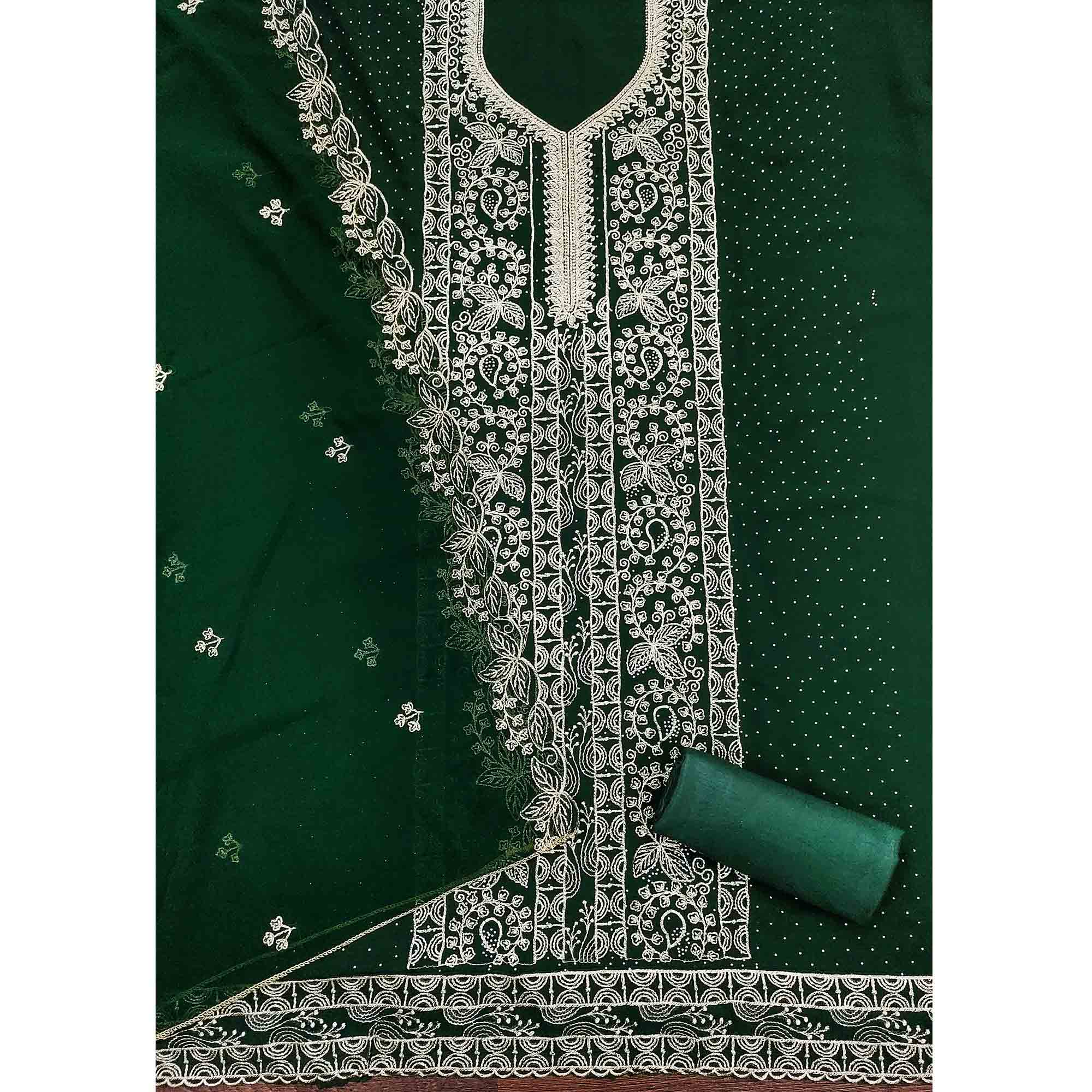 Green Star Georgette Unstitched Dress Material with Intricate Embroidery Work