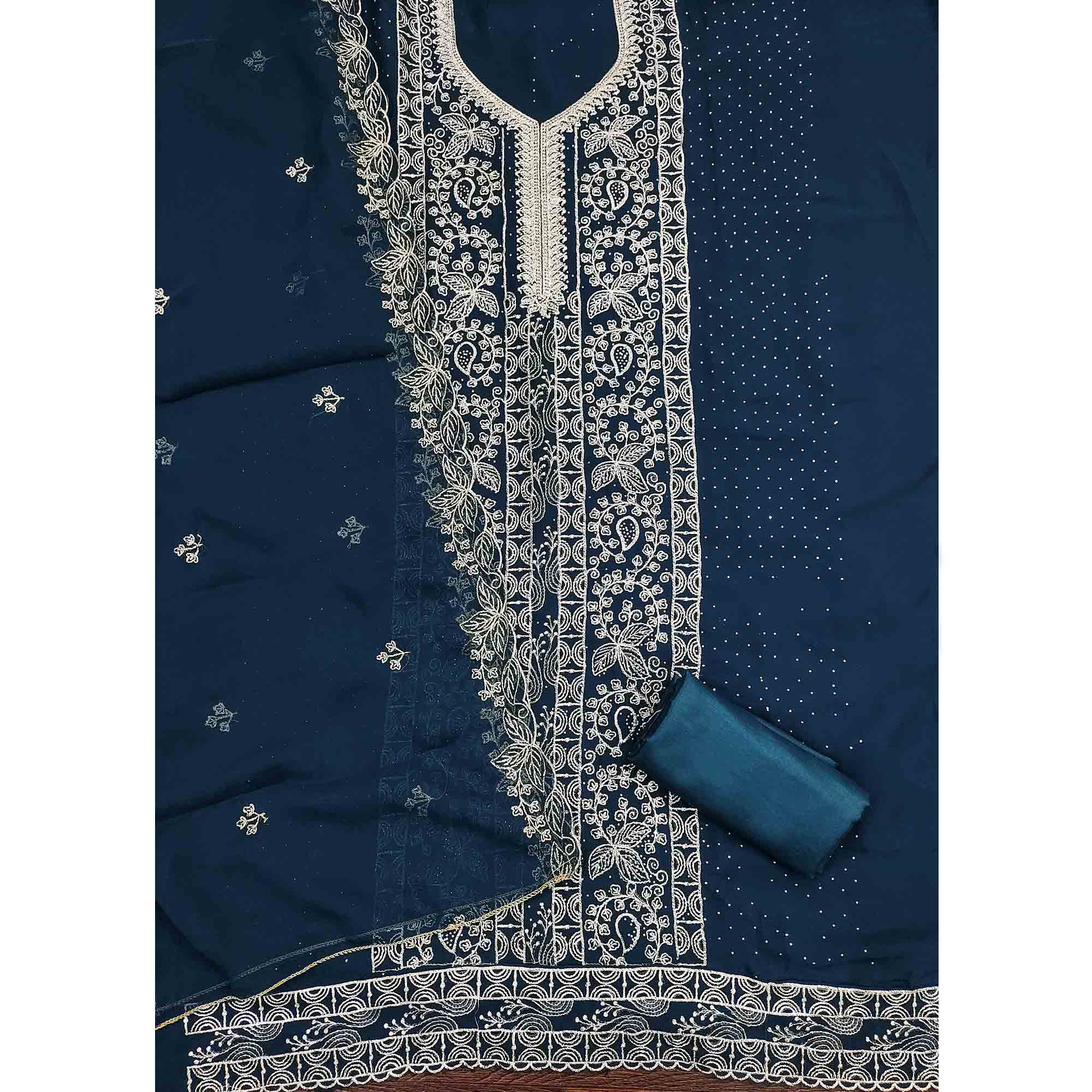 Teal Star Georgette Unstitched Dress Material with Intricate Embroidery Work