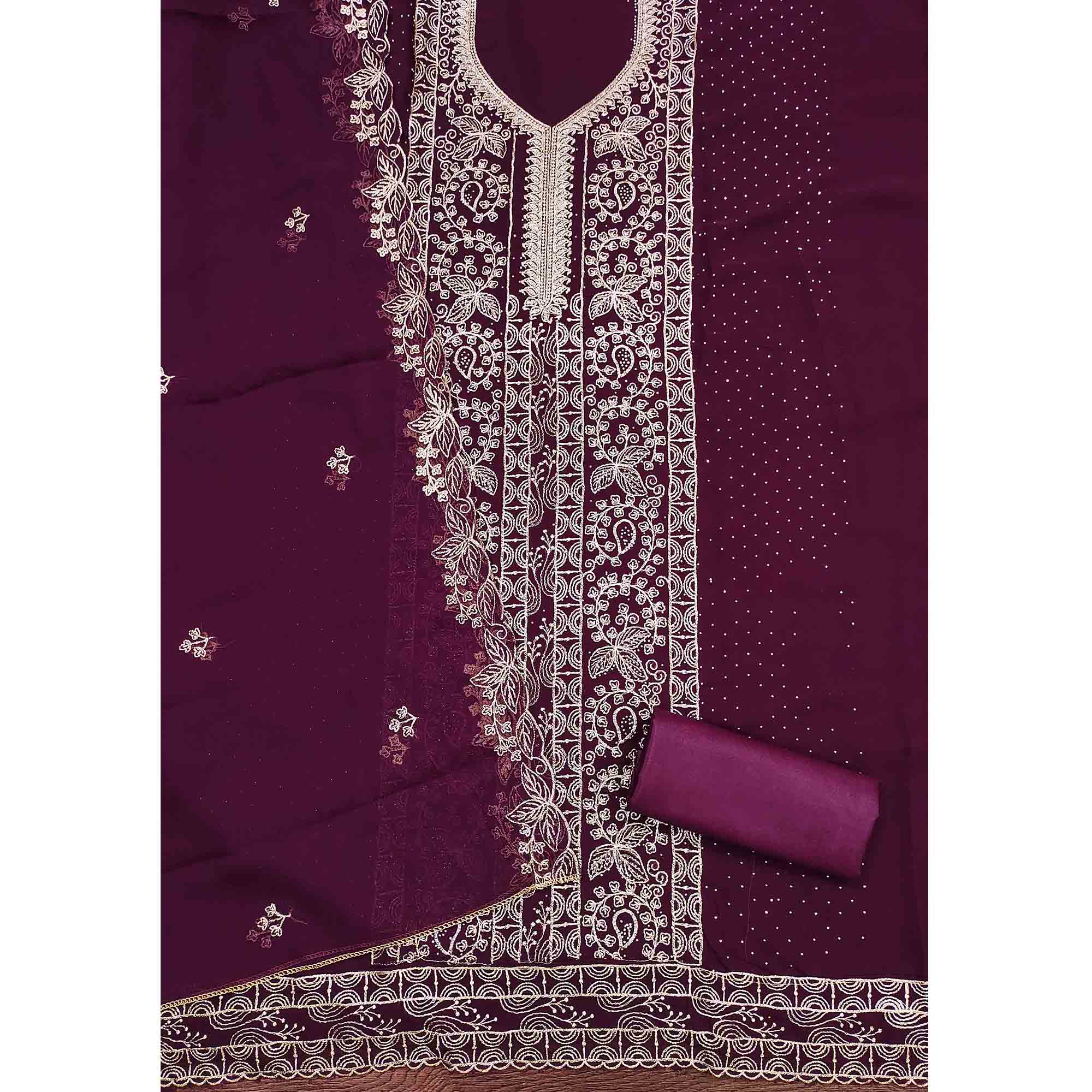 Wine Star Georgette Unstitched Dress Material with Intricate Embroidery Work