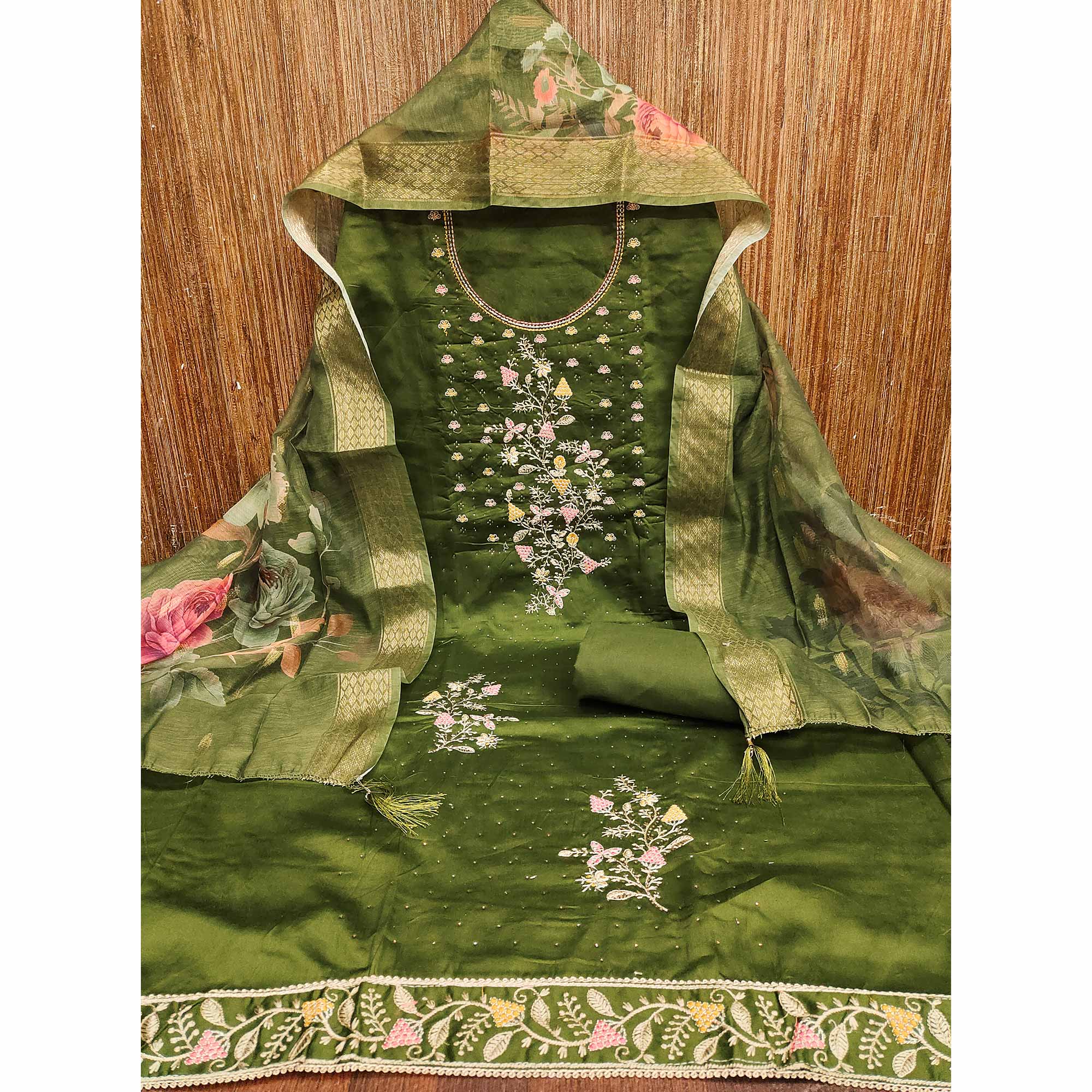 Soft Green Cotton Blend Unstitched Suit Material with Delicate Floral Embroidery