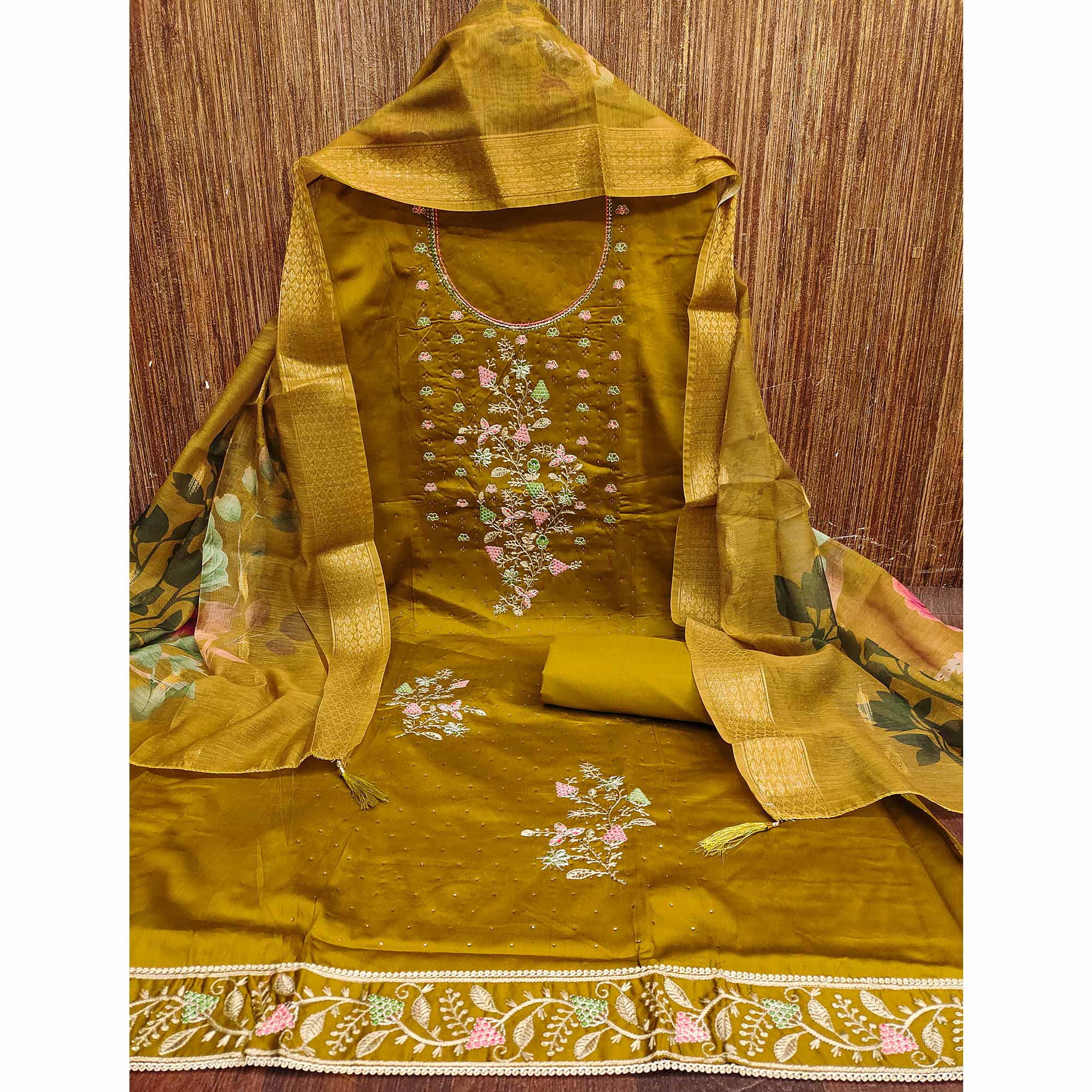 Soft Olive Cotton Blend Unstitched Suit Material with Delicate Floral Embroidery