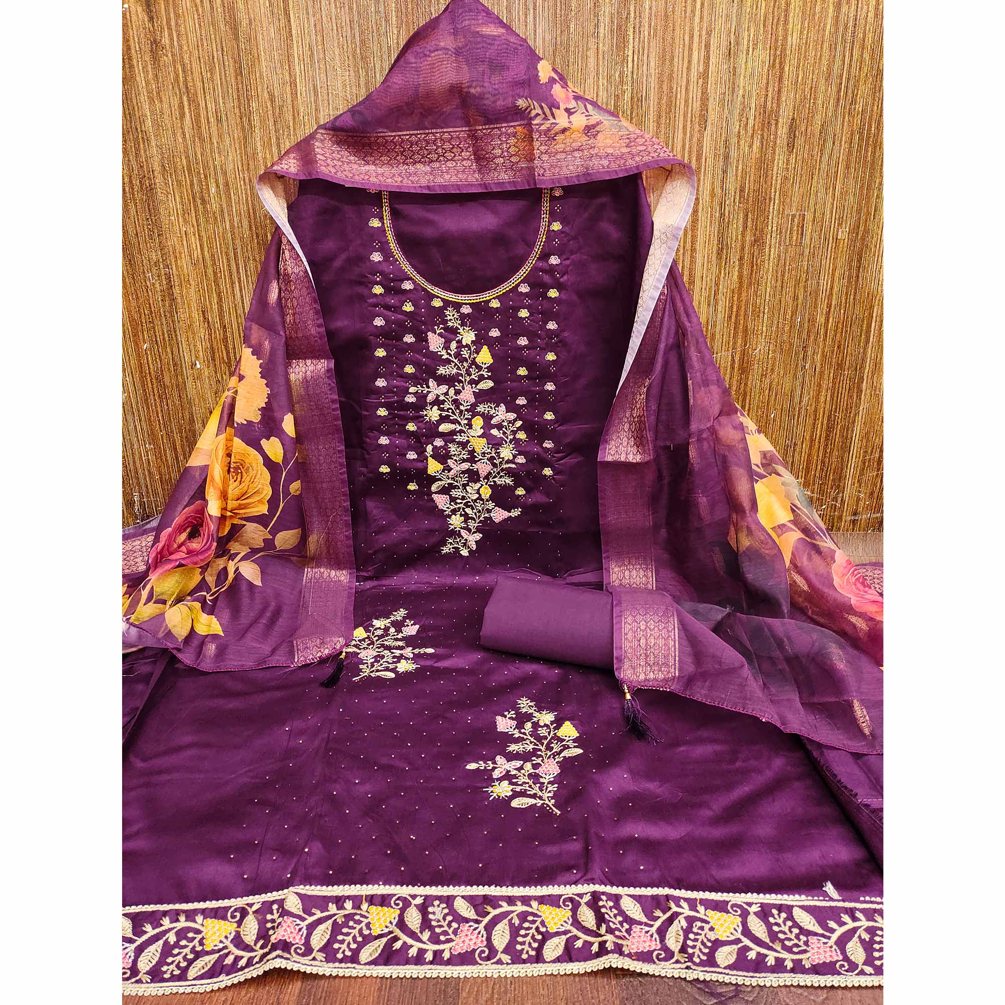 Soft Purple Cotton Blend Unstitched Suit Material with Delicate Floral Embroidery