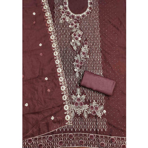 Brown Georgette Dress Material Decorated with Artistic Thread Embroidery Designs