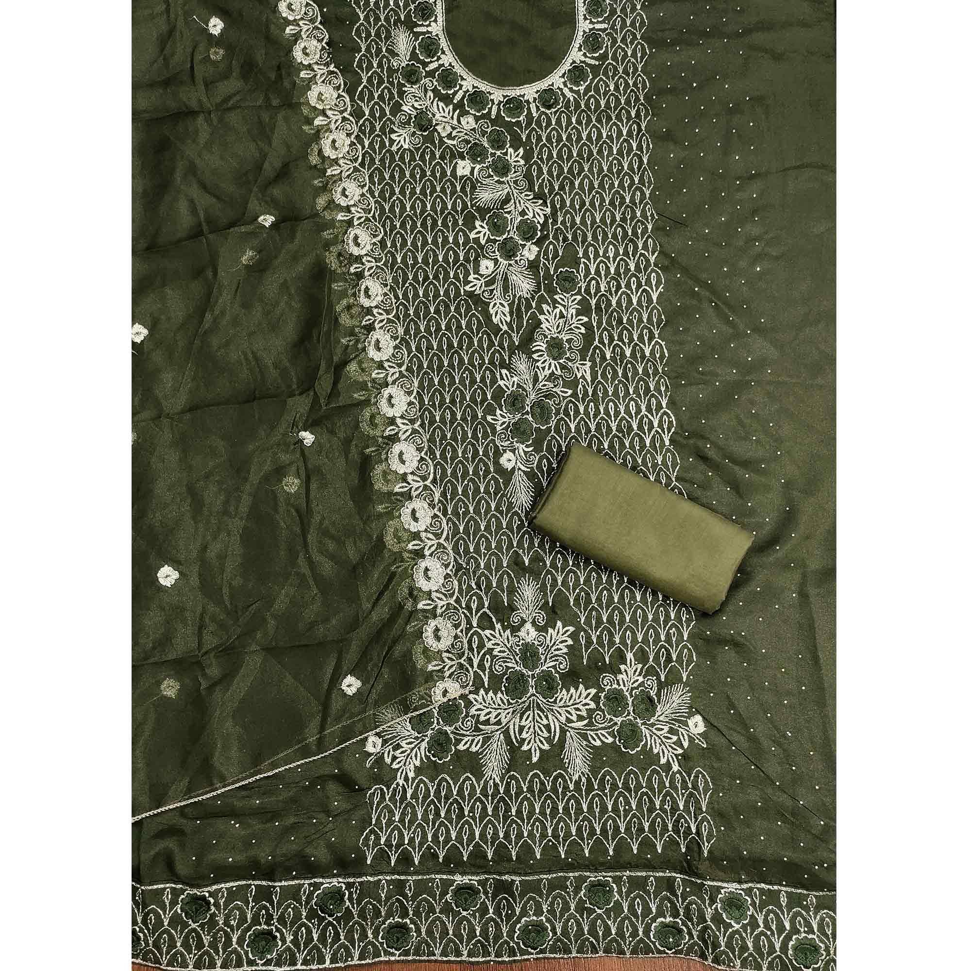 Green Georgette Dress Material Decorated with Artistic Thread Embroidery Designs