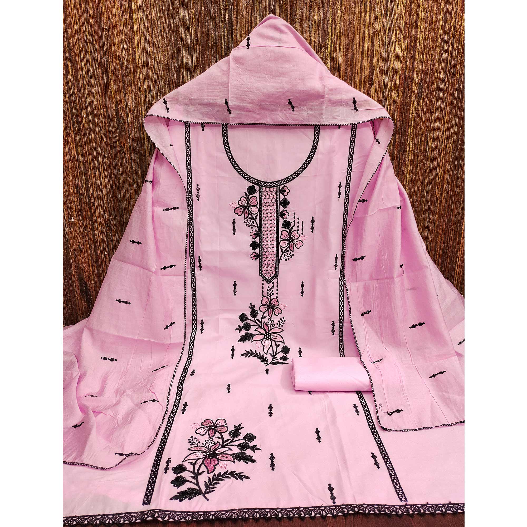 Elegant Pink Cotton Blend Dress Material with Delicate Thread Embroidered Detailing