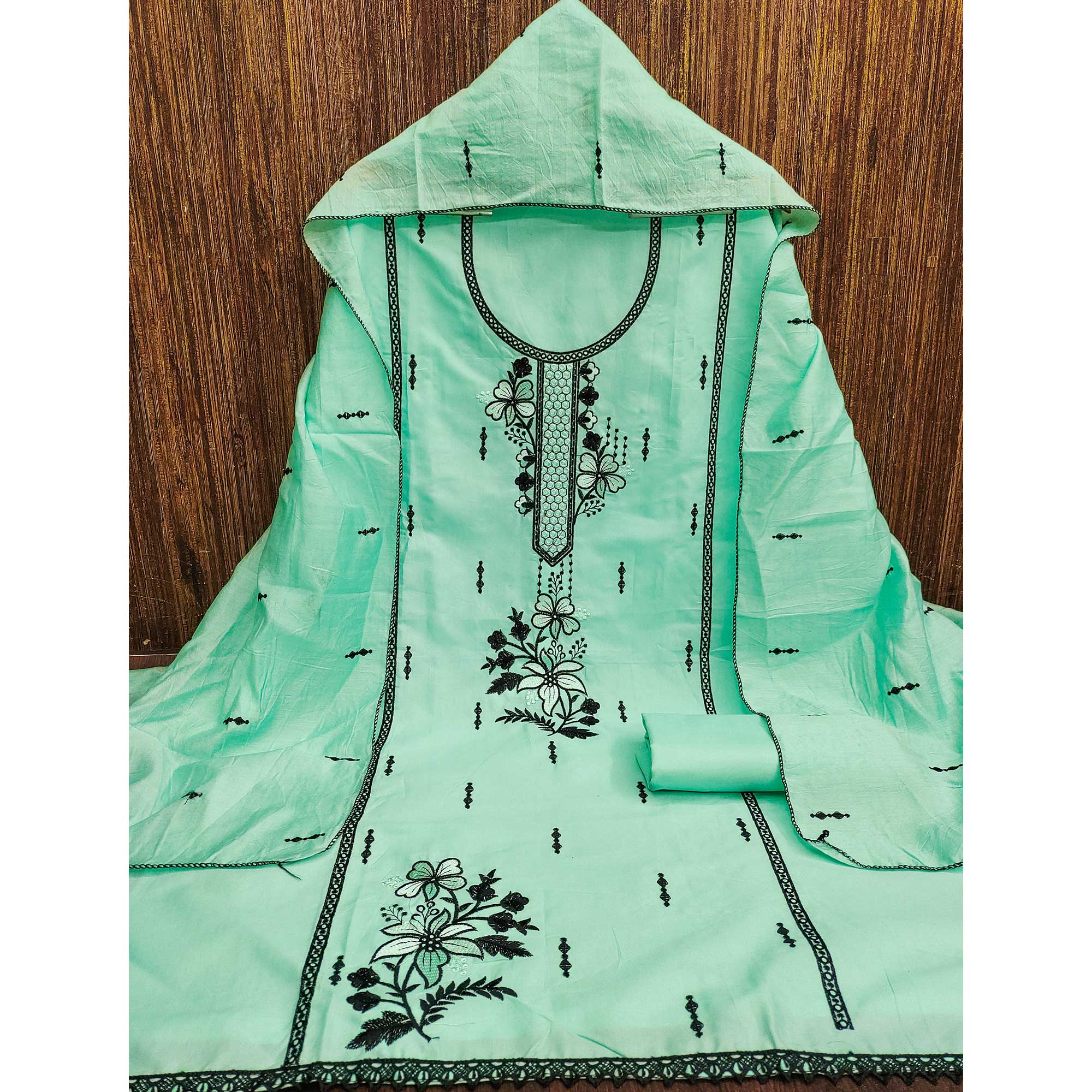Elegant Sea Green Cotton Blend Dress Material with Delicate Thread Embroidered Detailing