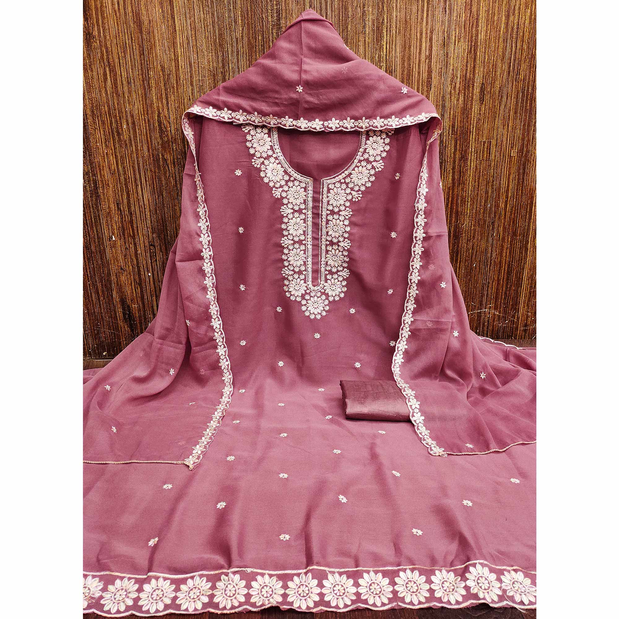 Chic Dusty Pink Floral Thread Embroidered Star Georgette Unstitched Suit Fabric