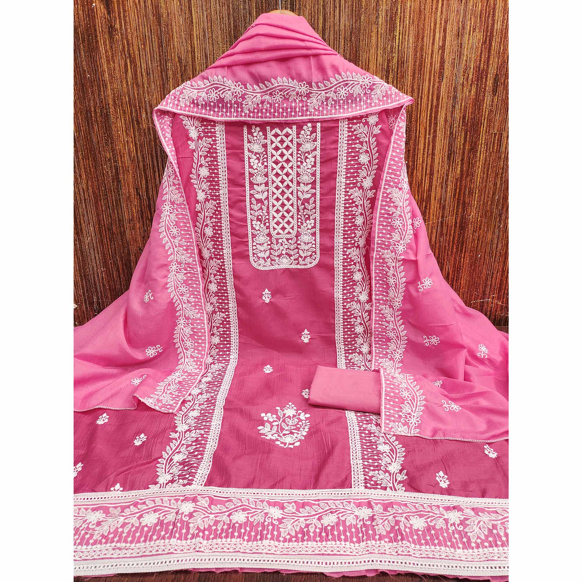 Dark Pink Unstitched Suit Material in Luxurious Cotton Silk with Exquisite Floral Embroidery