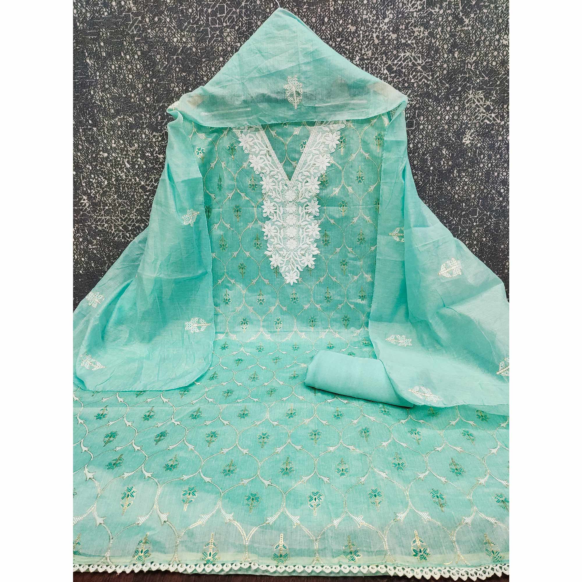 Feminine Turquoise Floral Thread Work Chanderi Silk Fabric for Traditional & Festive Outfits