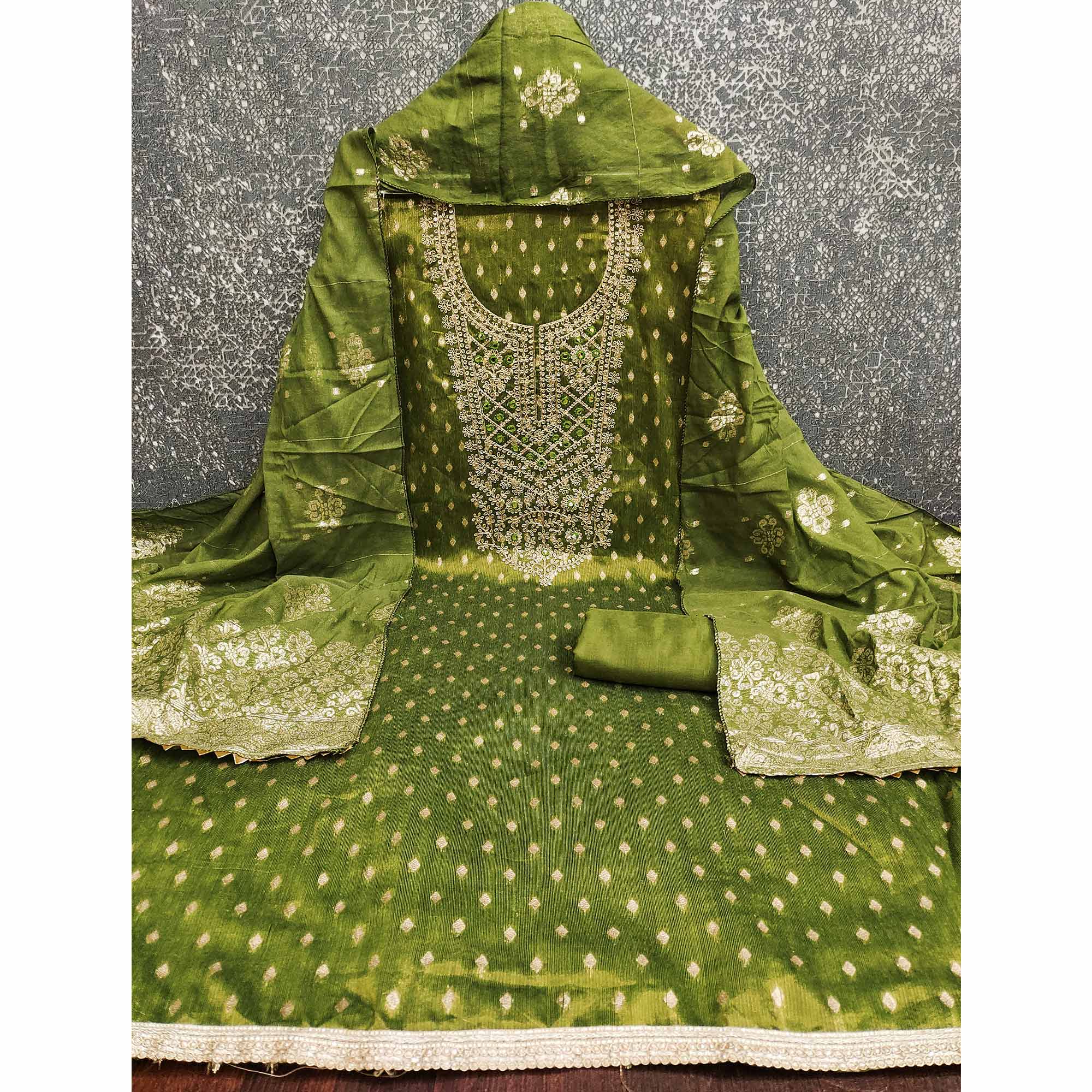 Green Embroidered Shimmer Fabric with Beautiful Zari Work for Unstitched Suits