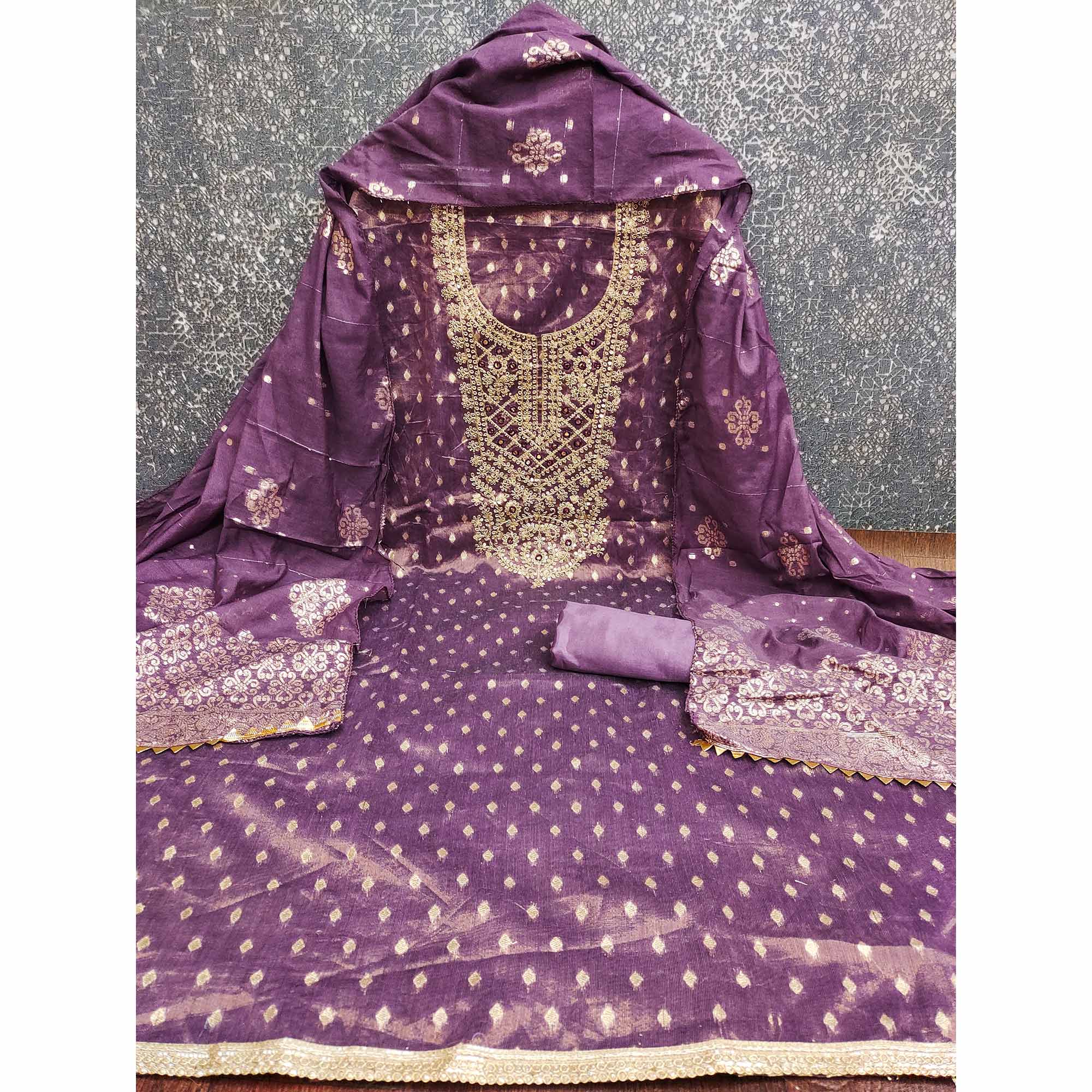Lavender Embroidered Shimmer Fabric with Beautiful Zari Work for Unstitched Suits