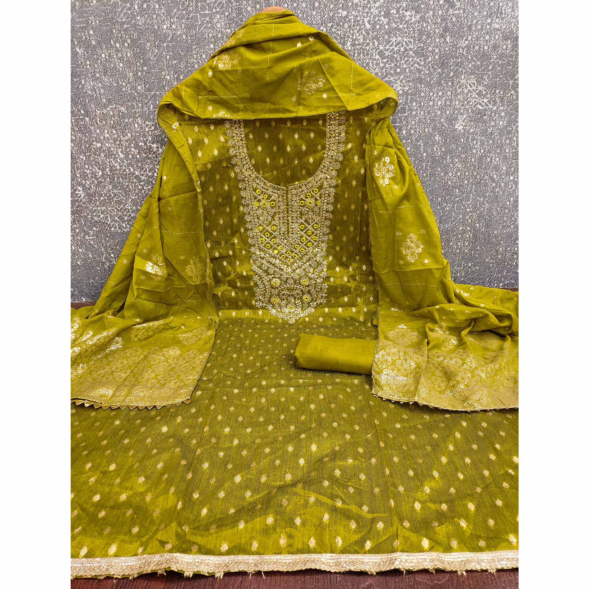 Olive Embroidered Shimmer Fabric with Beautiful Zari Work for Unstitched Suits
