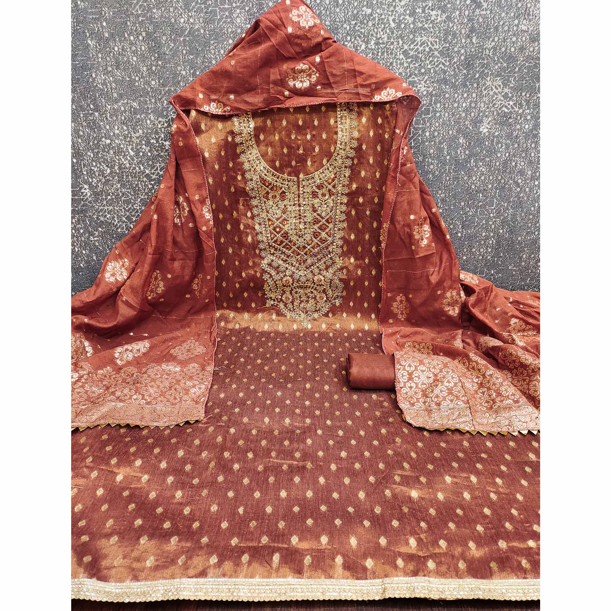 Rust Embroidered Shimmer Fabric with Beautiful Zari Work for Unstitched Suits