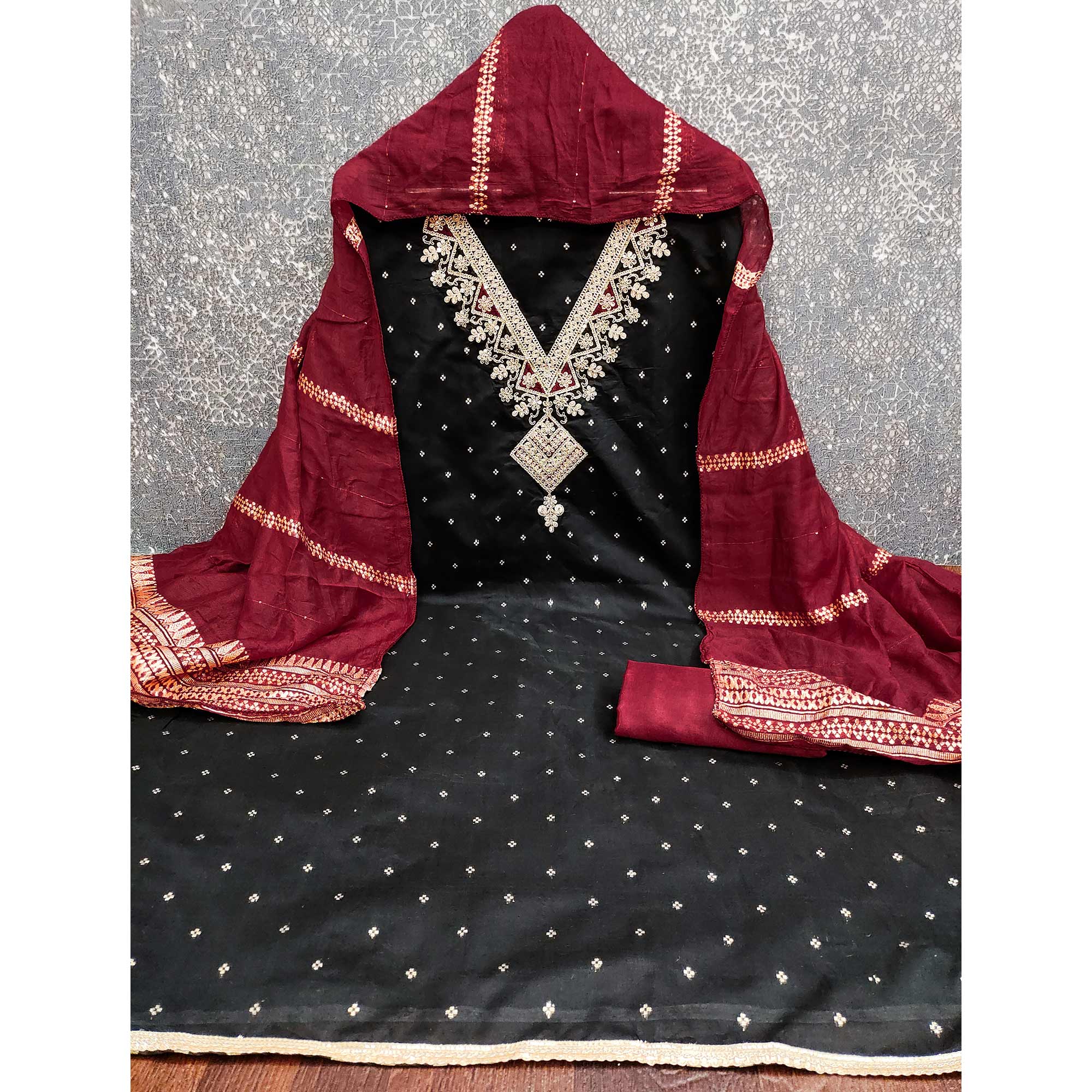 Festive Black Chanderi Silk Suit Material with Detailed Zari Weaving and Hand Embroidery