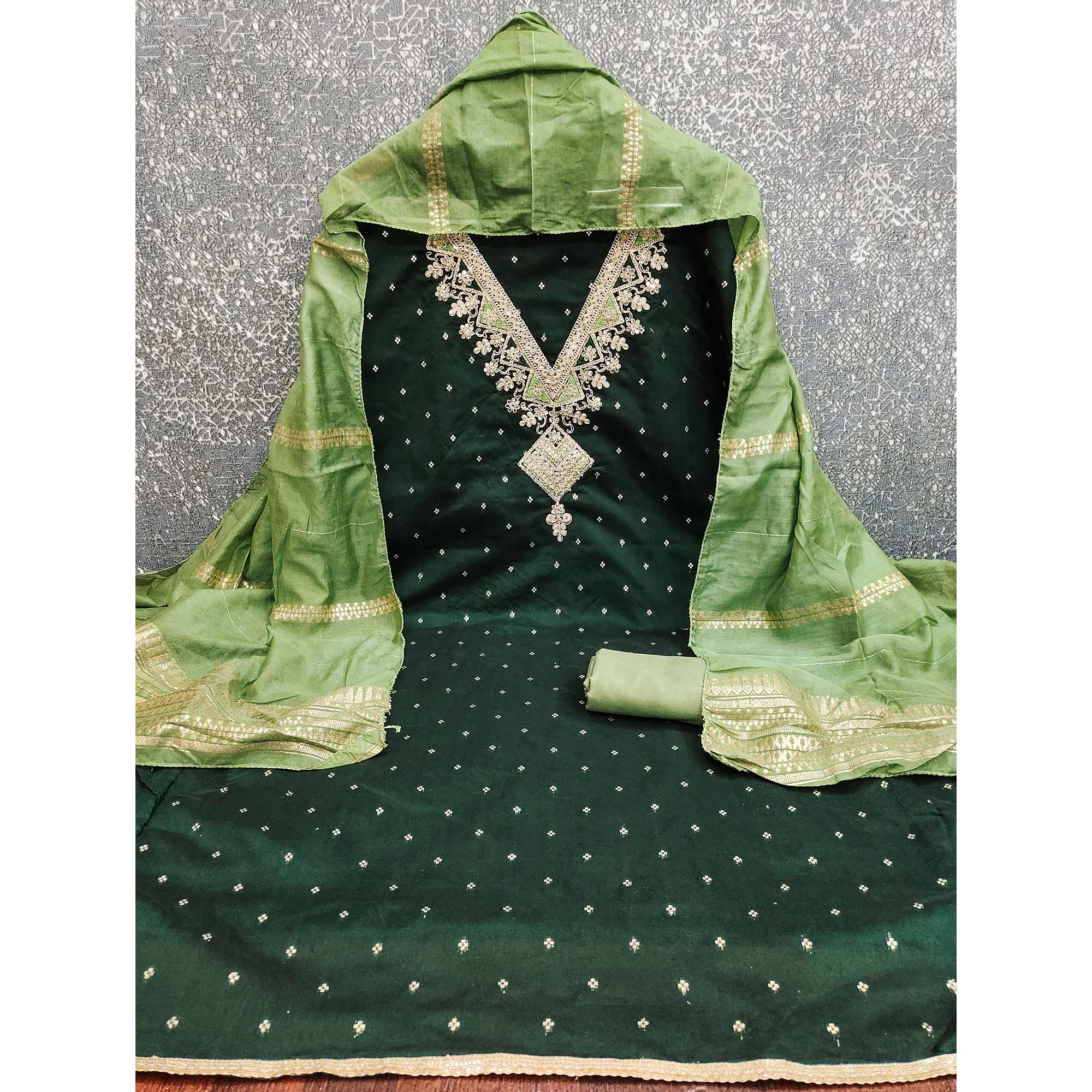 Festive Green Chanderi Silk Suit Material with Detailed Zari Weaving and Hand Embroidery