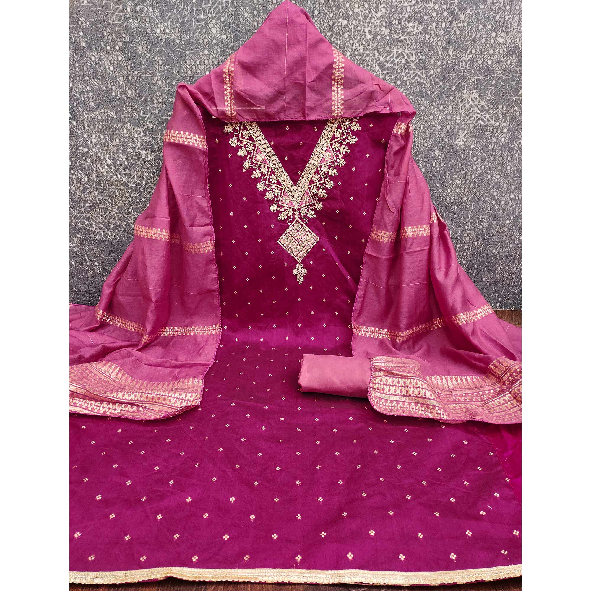 Festive Pink Chanderi Silk Suit Material with Detailed Zari Weaving and Hand Embroidery