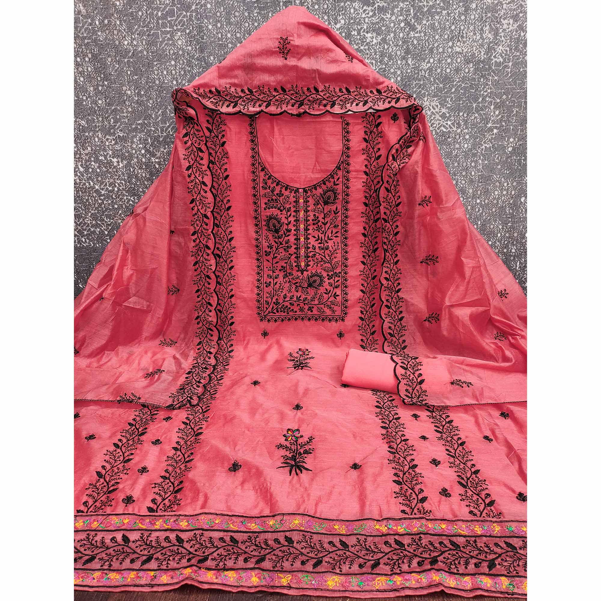 Gajari Pink Chanderi Cotton Dress Material Accented With Delicate Floral Thread Work