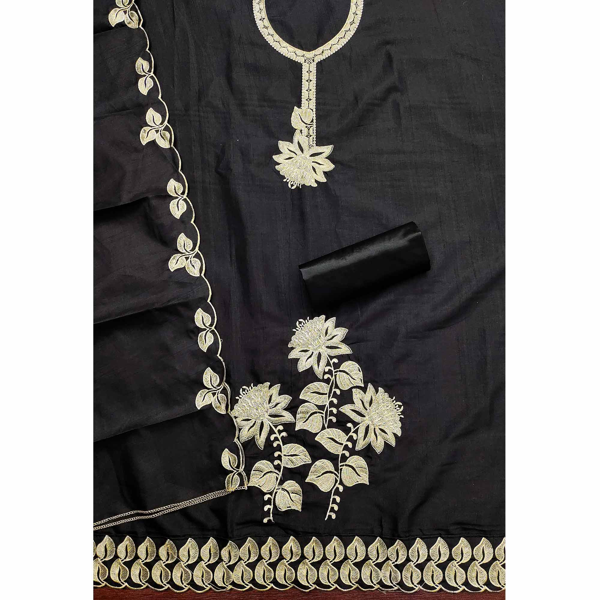 Classic Black Heavy Embroidered Cotton Blend Dress Material With Floral Thread Detailing