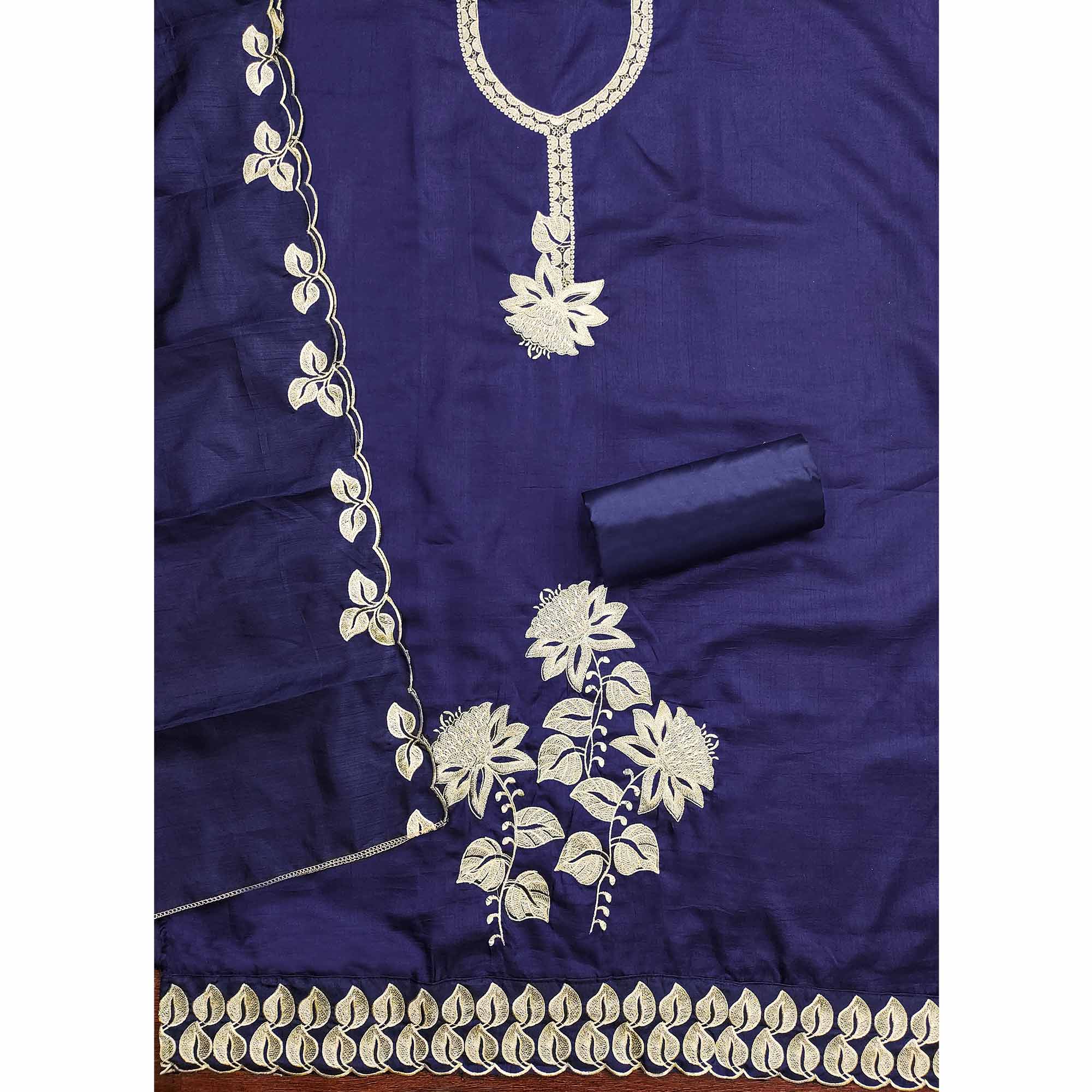 Classic Navy Blue Heavy Embroidered Cotton Blend Dress Material With Floral Thread Detailing