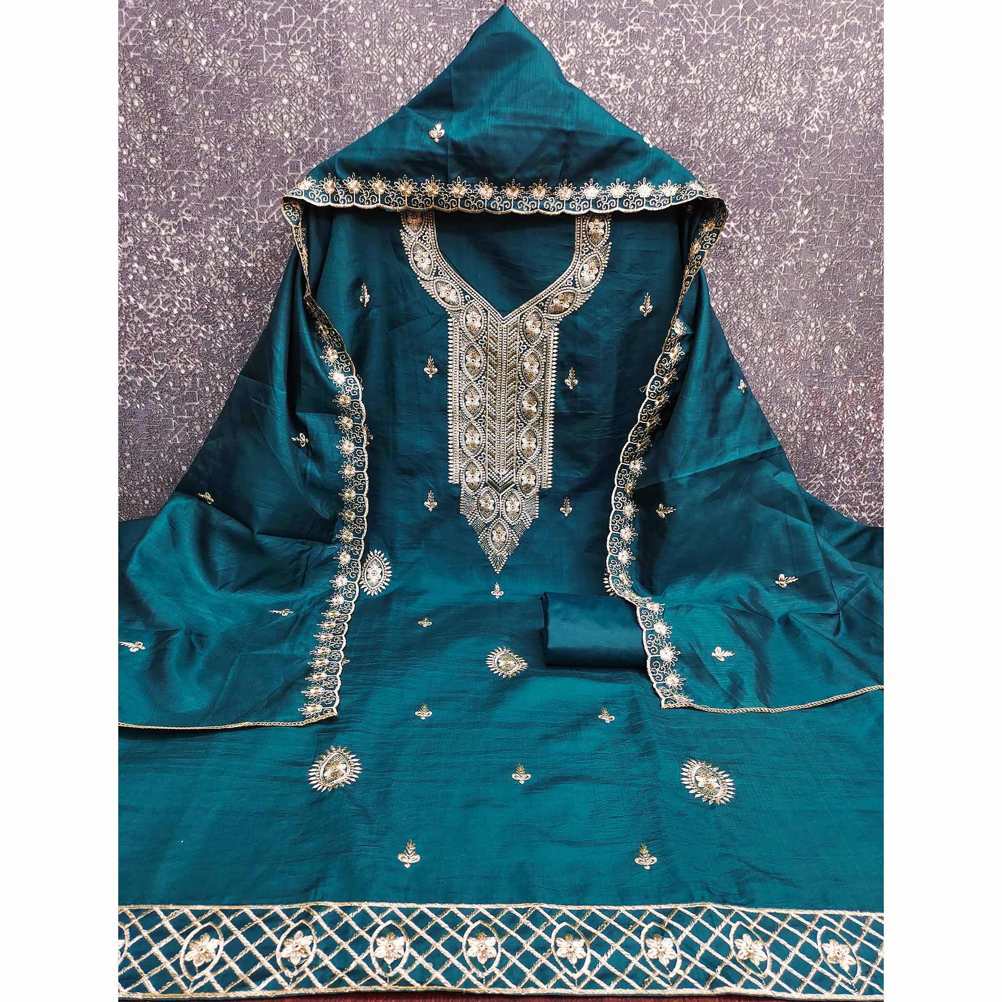 Blue Dress Material In Cotton Blend Featuring Exquisite Floral Embroidery